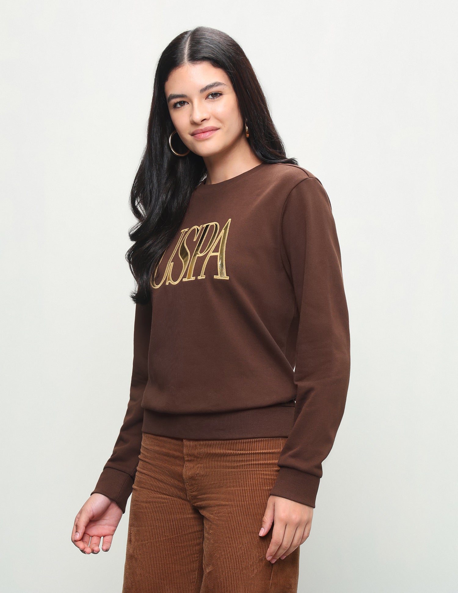 Metallic Brand Embossed Regular Fit Sweatshirt Brown - U.S. Polo Assn. India | Large