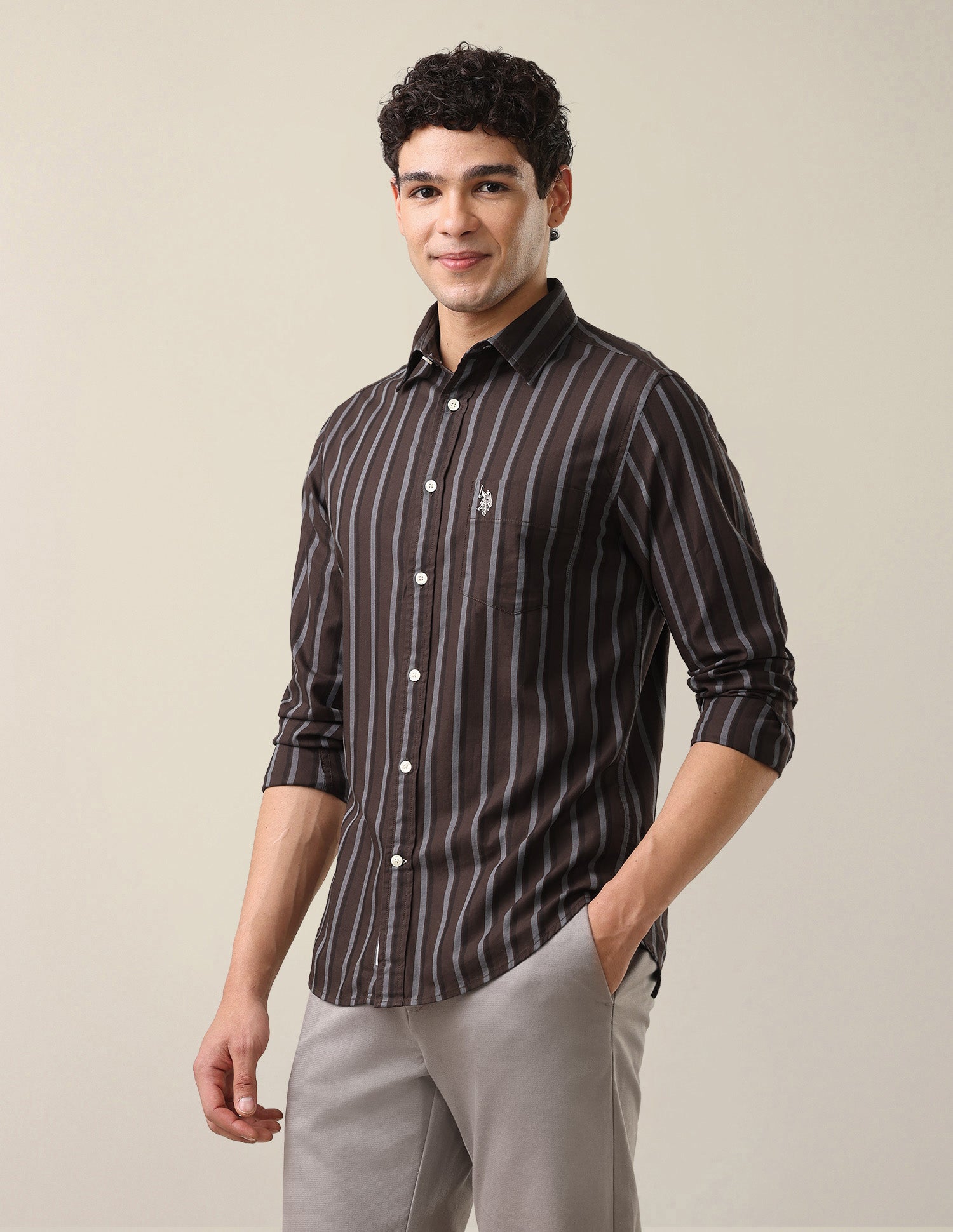 Vertical Striped Twill Shirt Dark Brown - U.S. Polo Assn. India | Large