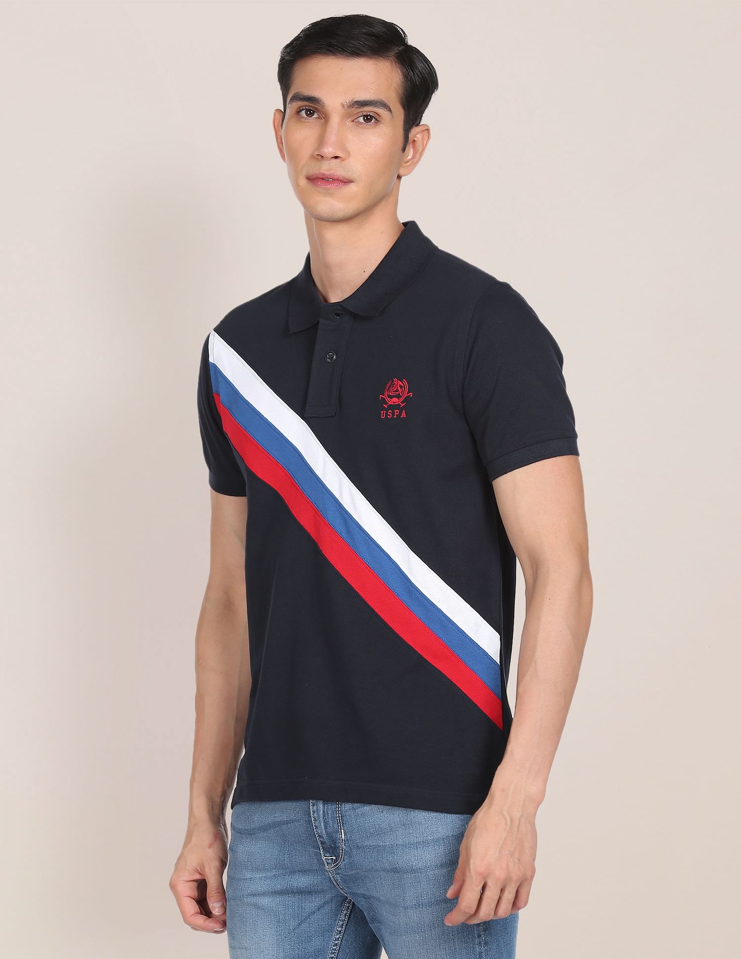 Men Navy Ribbed Collar Striped Polo Shirt Navy - U.S. POLO ASSN. | Large