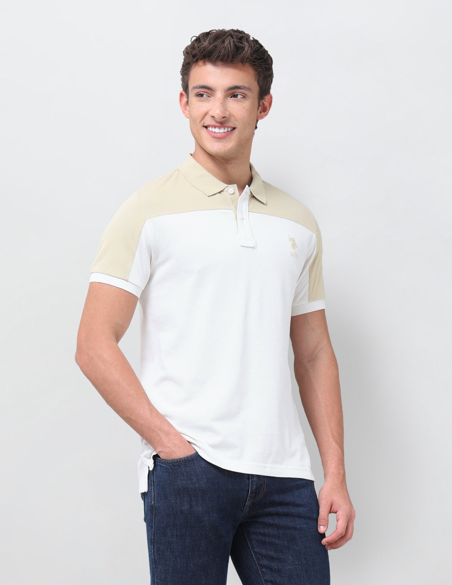Colourblocked Regular Fit Polo Shirt Off White - U.S. Polo Assn. India | Large
