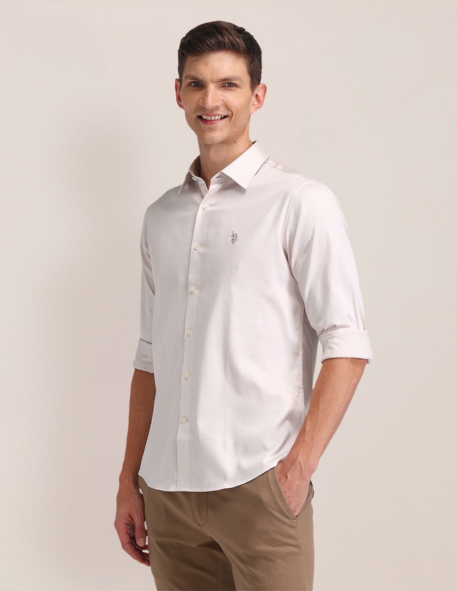 Regular Fit Satin Shirt Ivory - U.S. POLO ASSN. | Large