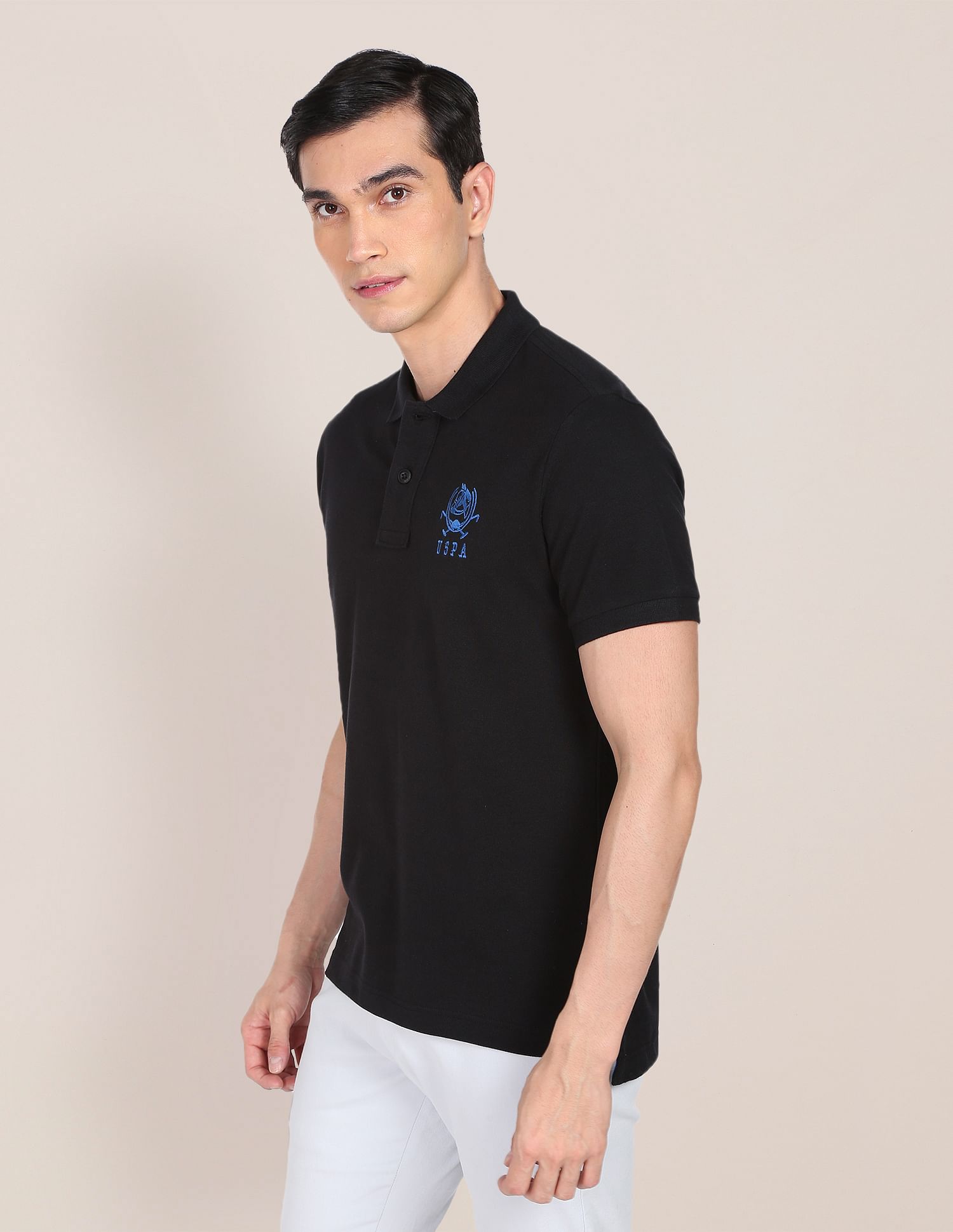 Solid Pique Knit Cotton Polo Shirt Black - U.S. Polo Assn. India | Large