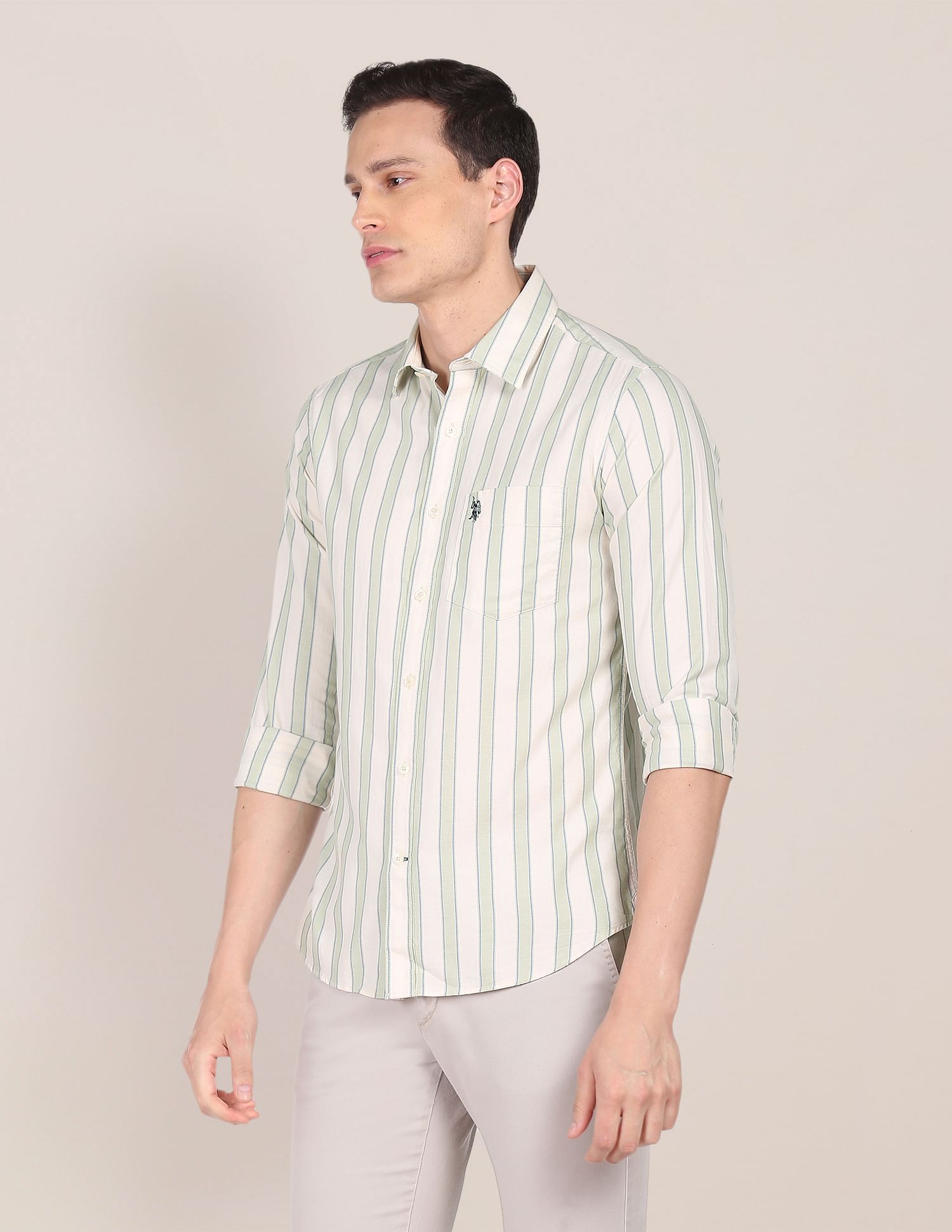 Vertical Stripe Cotton Casual Shirt Green and Beige - U.S. Polo Assn. India | Large