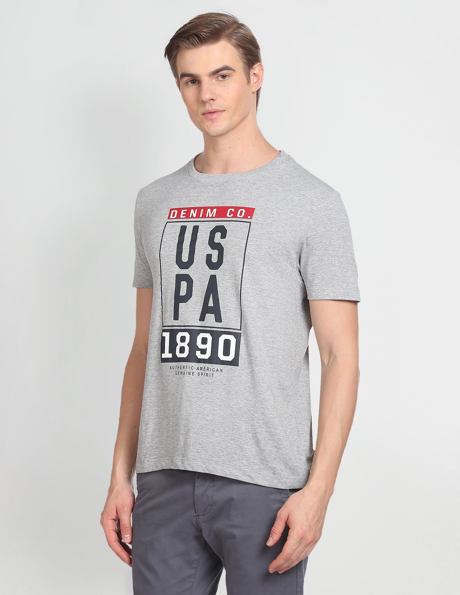Crew Neck Short Sleeve Brand Print T-Shirt Grey - U.S. Polo Assn. India | Large