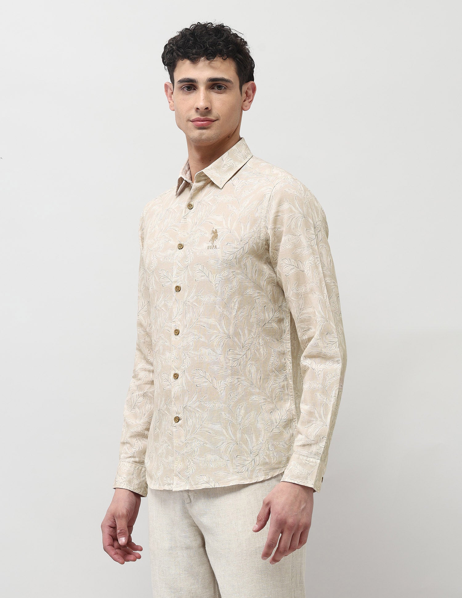 Tropical Printed Regular Fit Shirt Beige - U.S. POLO ASSN. | Large