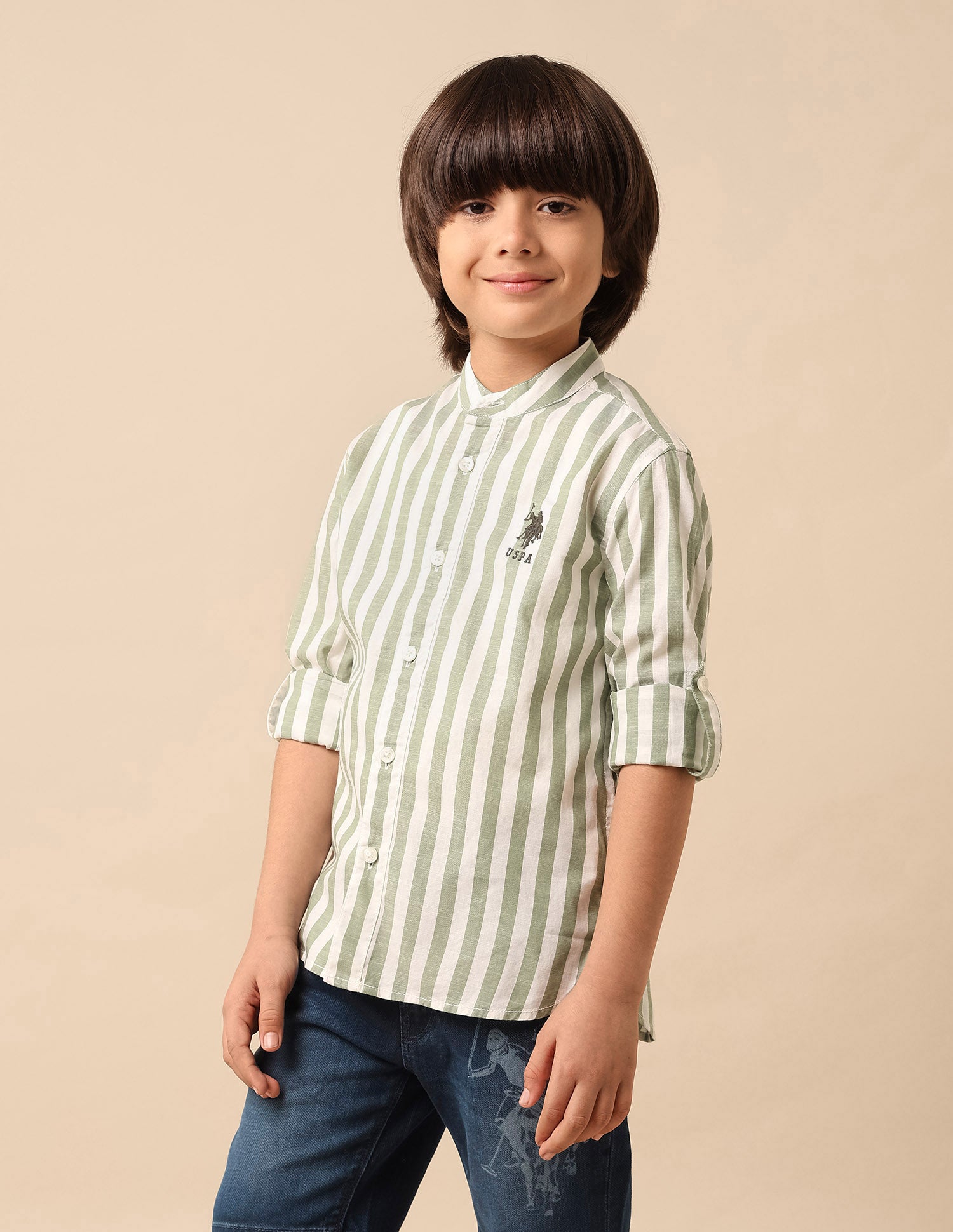 Boys Vertical Striped Mandarin Shirt Green - U.S. POLO ASSN. | Large