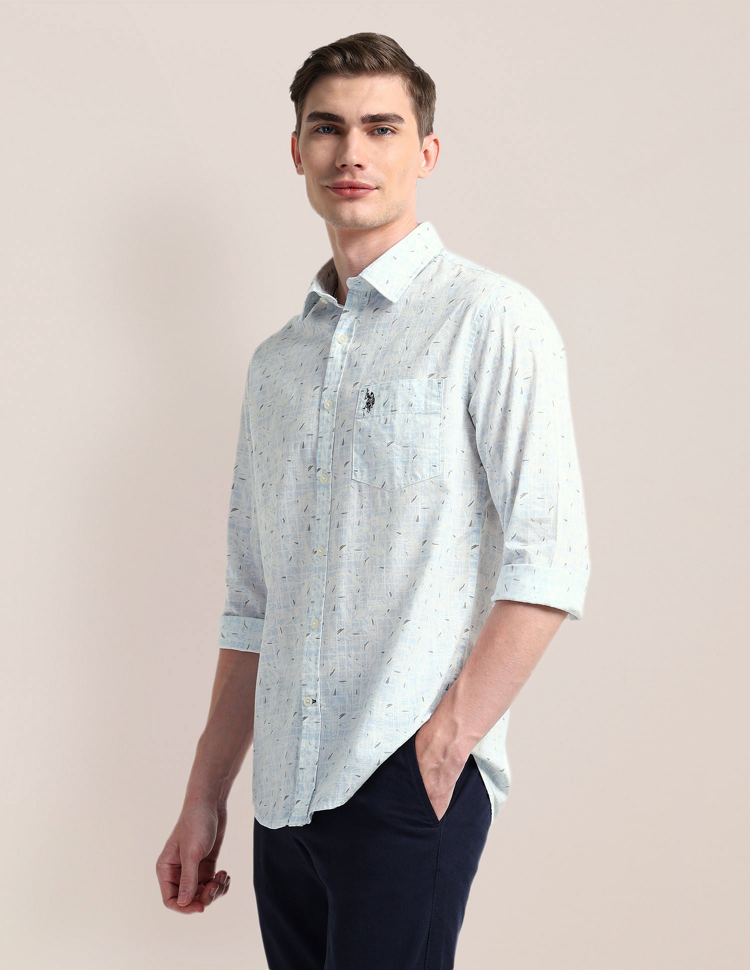 Cutaway Collar Premium Cotton Shirt Blue - U.S. Polo Assn. India | Large