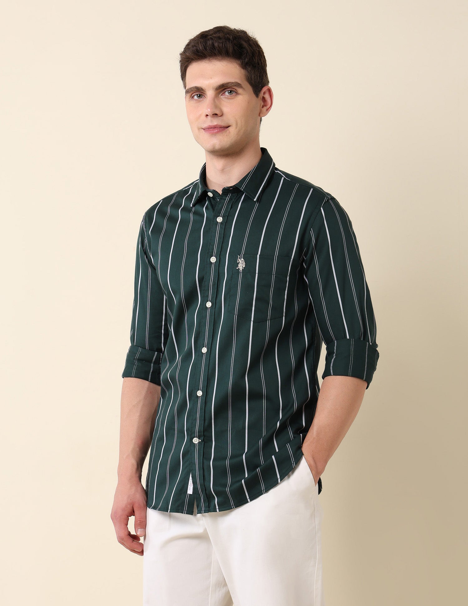 Vertical Striped Pure Cotton Shirt Dark Green - U.S. Polo Assn. India | Large