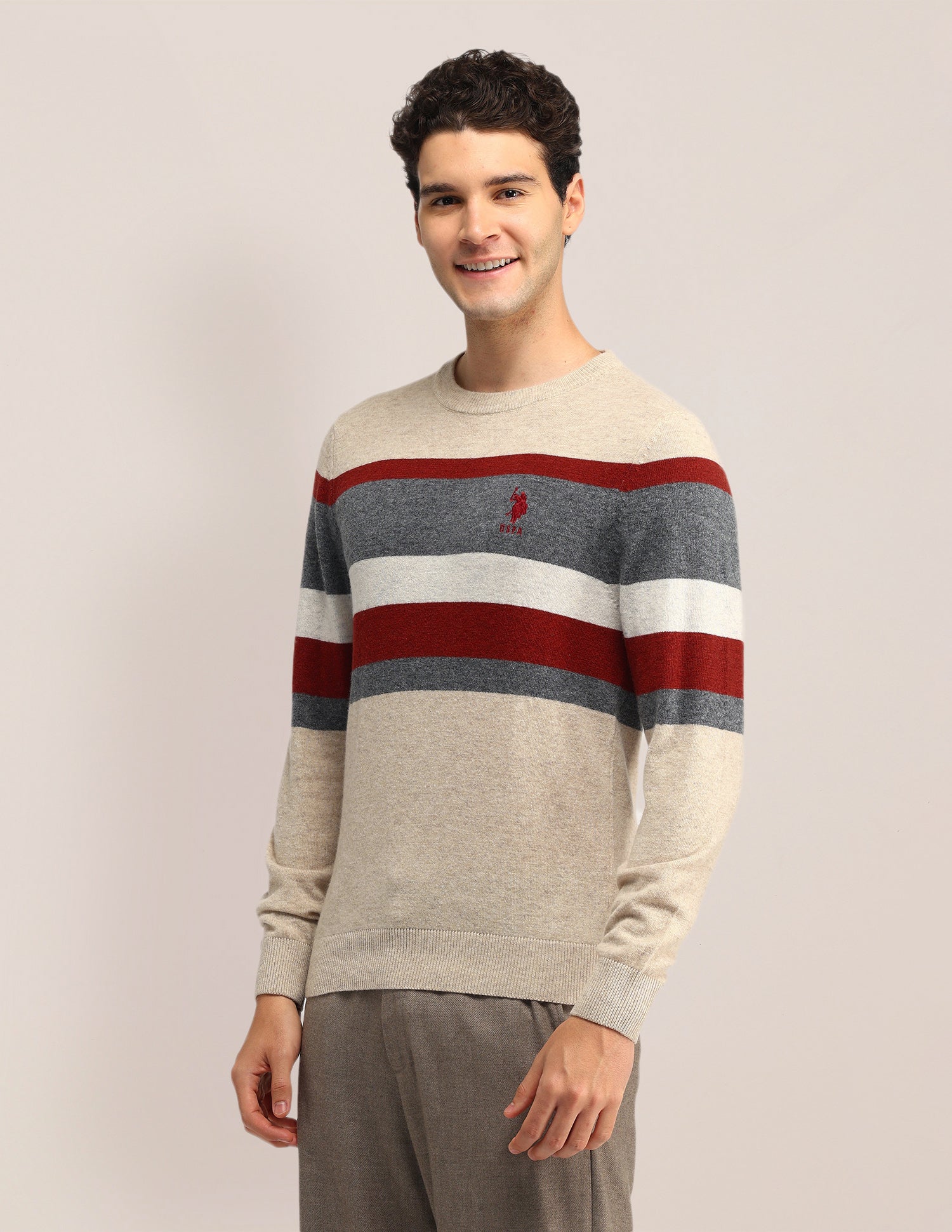 Horizontal Striped Regular Fit Sweater Beige - U.S. Polo Assn. India | Large