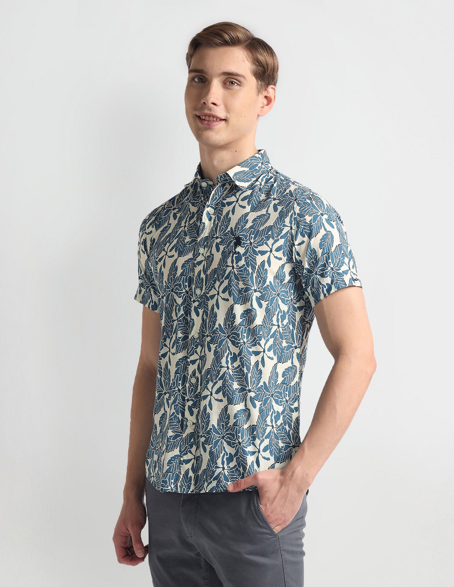 Tropical Print Slim Fit Shirt Blue - U.S. POLO ASSN. | Large