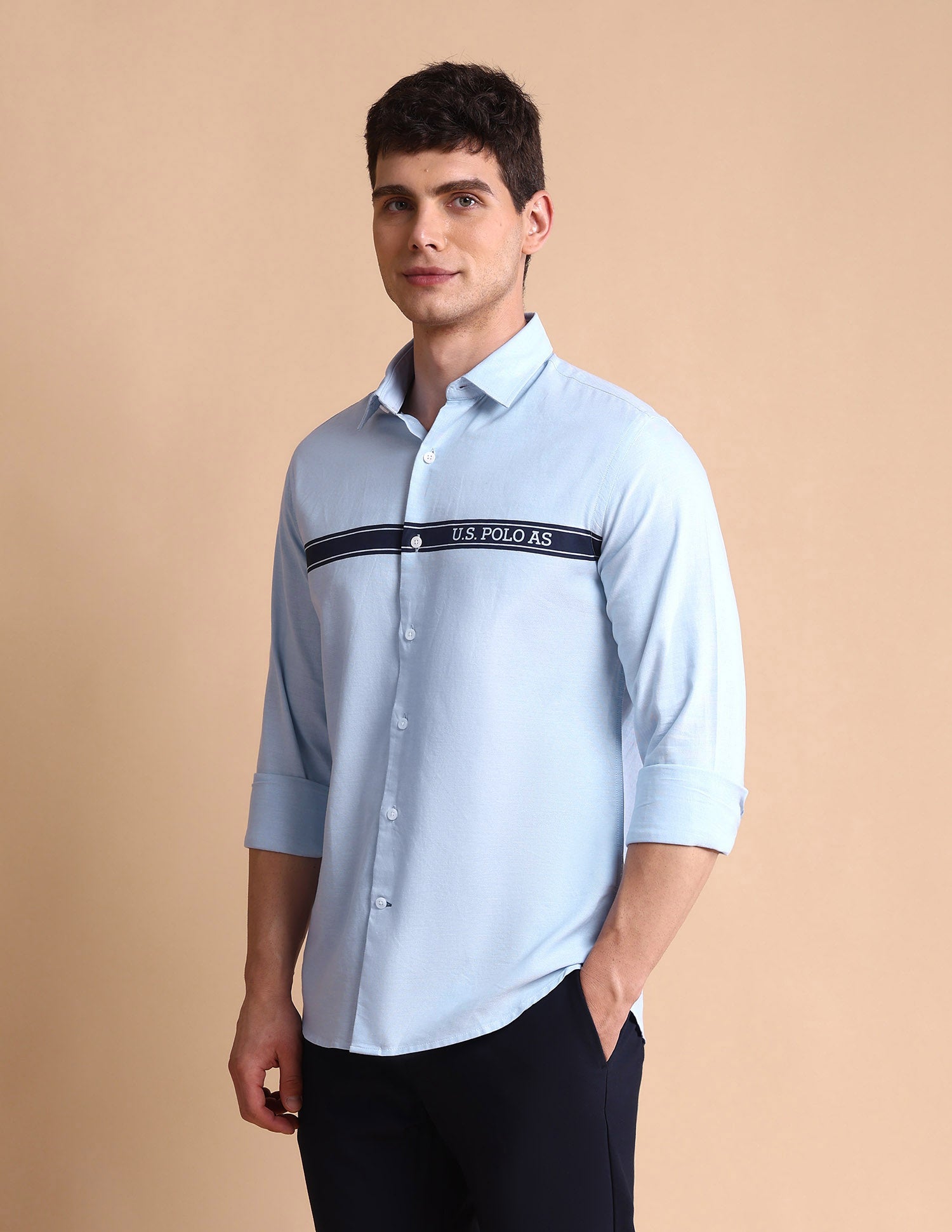 Brand Printed Tailored Fit Oxford Shirt Blue - U.S. POLO ASSN. | Large