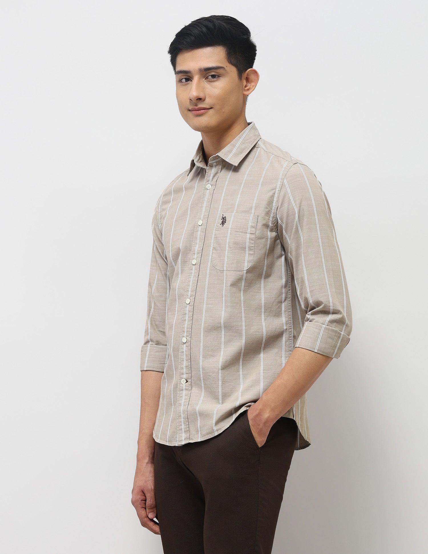 Vertical Striped Pure Cotton Shirt Light Brown - U.S. Polo Assn. India | Large