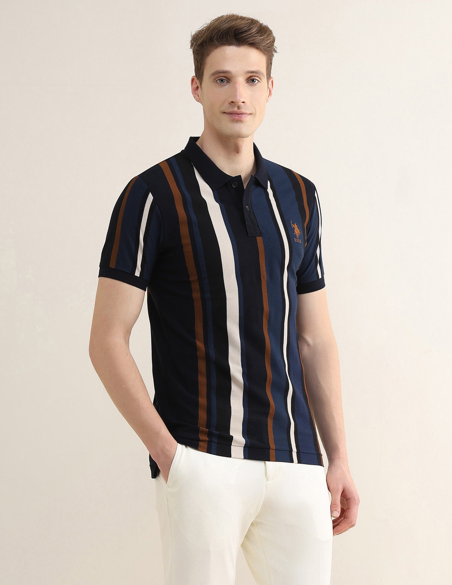 Vertical Striped Colorblocked Slim Fit Polo Shirt Navy - U.S. Polo Assn. India | Large