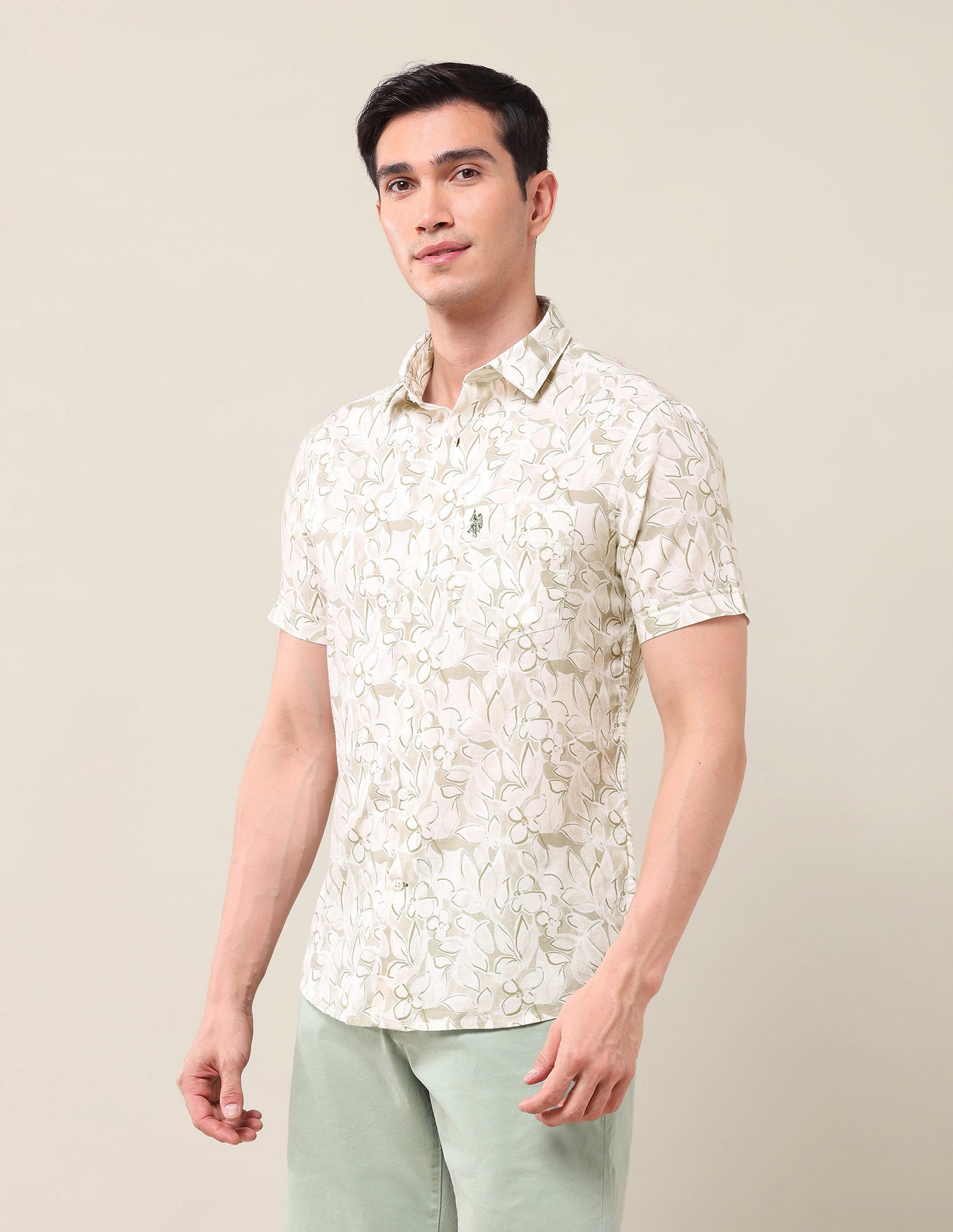 Floral Printed Tailored Fit Shirt Light Olive - U.S. Polo Assn. India | Large