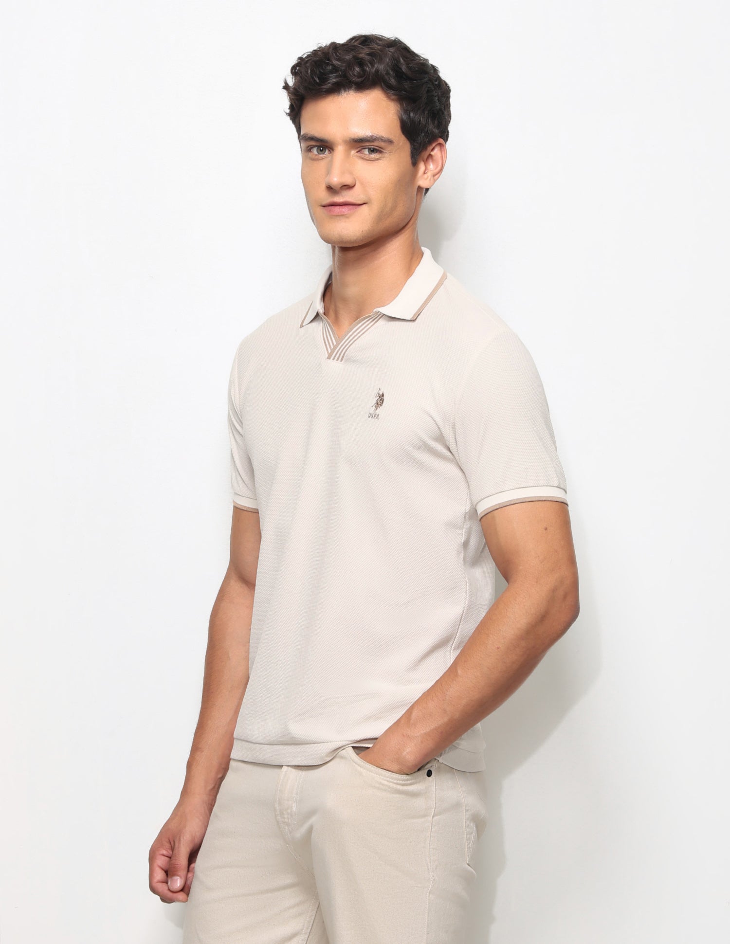 Textured Slim Fit Polo Shirt Beige - U.S. Polo Assn. India | Large