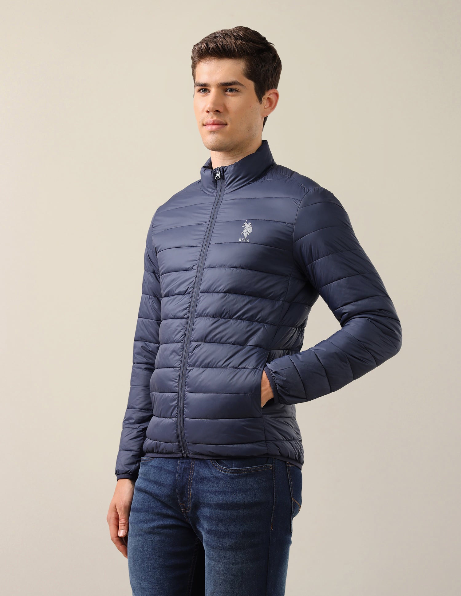 High Neck Nylon Solid Puffer Jacket Navy - U.S. Polo Assn. India | Large