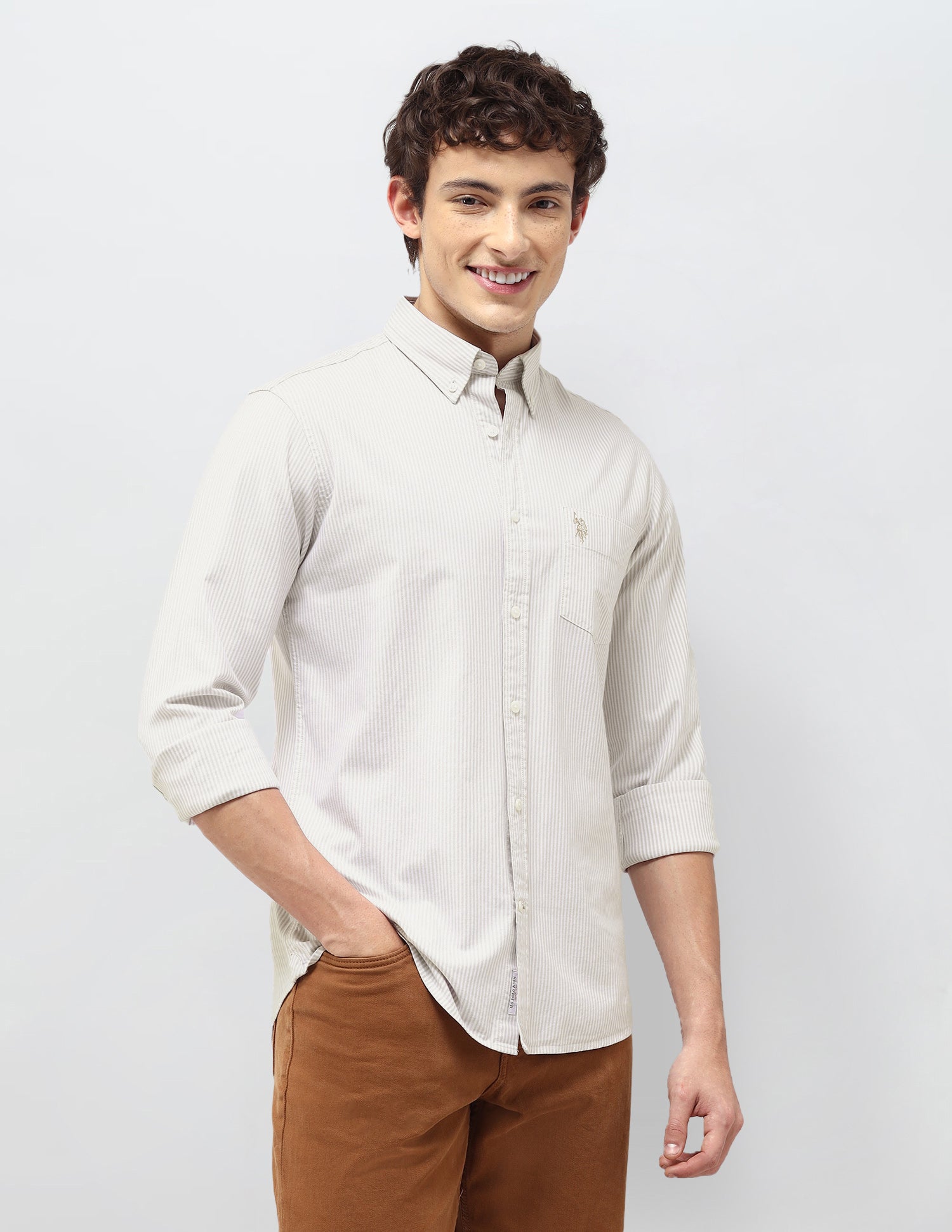 Vertical Striped Regular Fit Shirt Beige - U.S. Polo Assn. India | Large