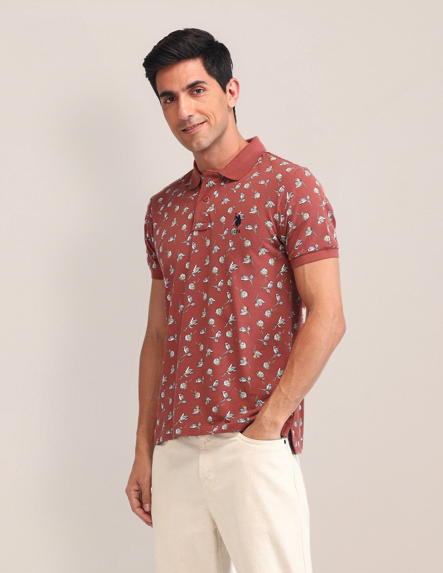 Floral Pattern Slim Fit Polo Shirt Maroon - U.S. Polo Assn. India | Large