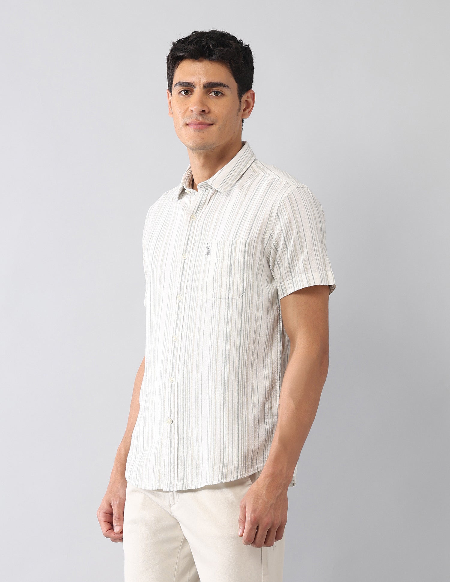 Vertical Striped Seersucker Regular Fit Shirt Olive - U.S. Polo Assn. India | Large