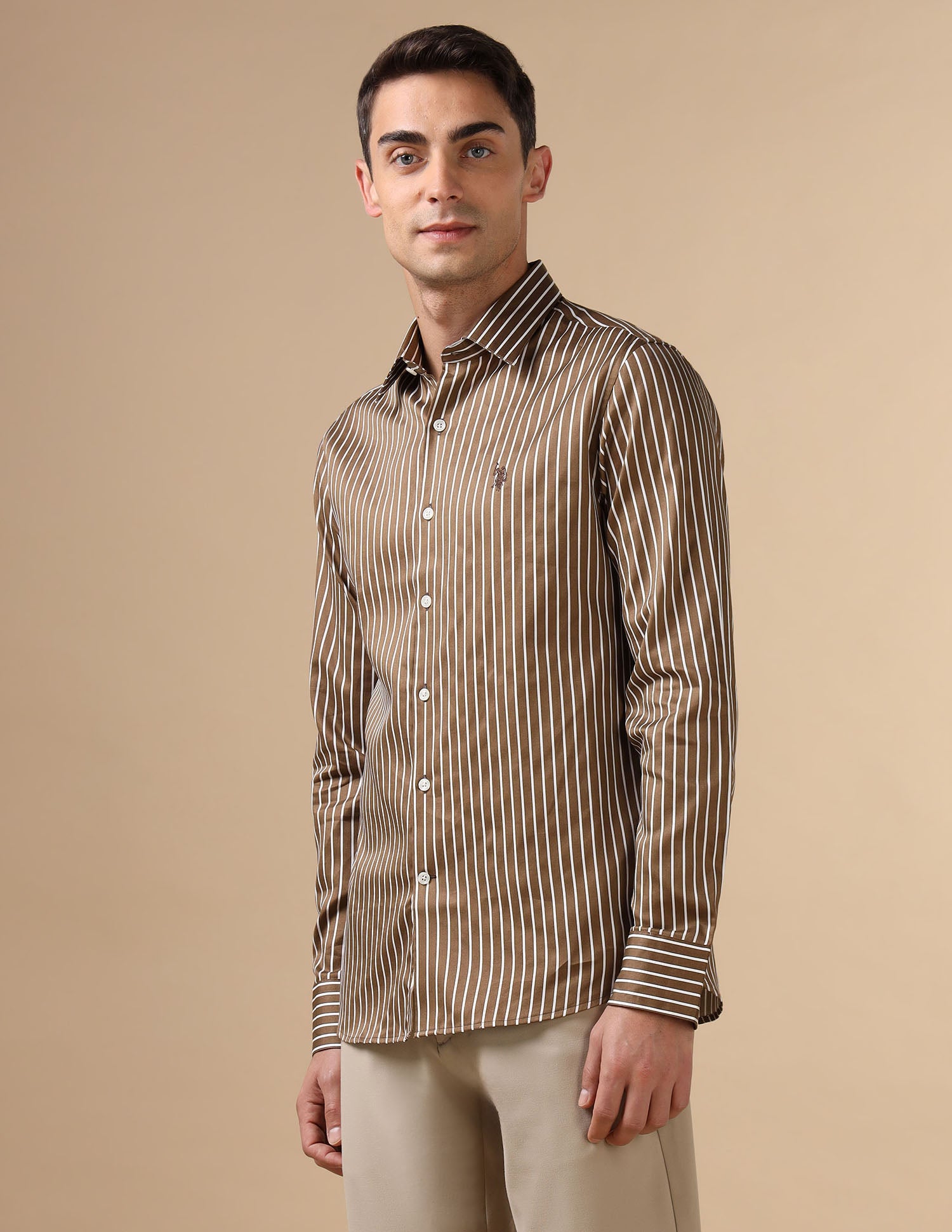 Vertical Striped Pure Cotton Shirt Brown - U.S. POLO ASSN. | Large