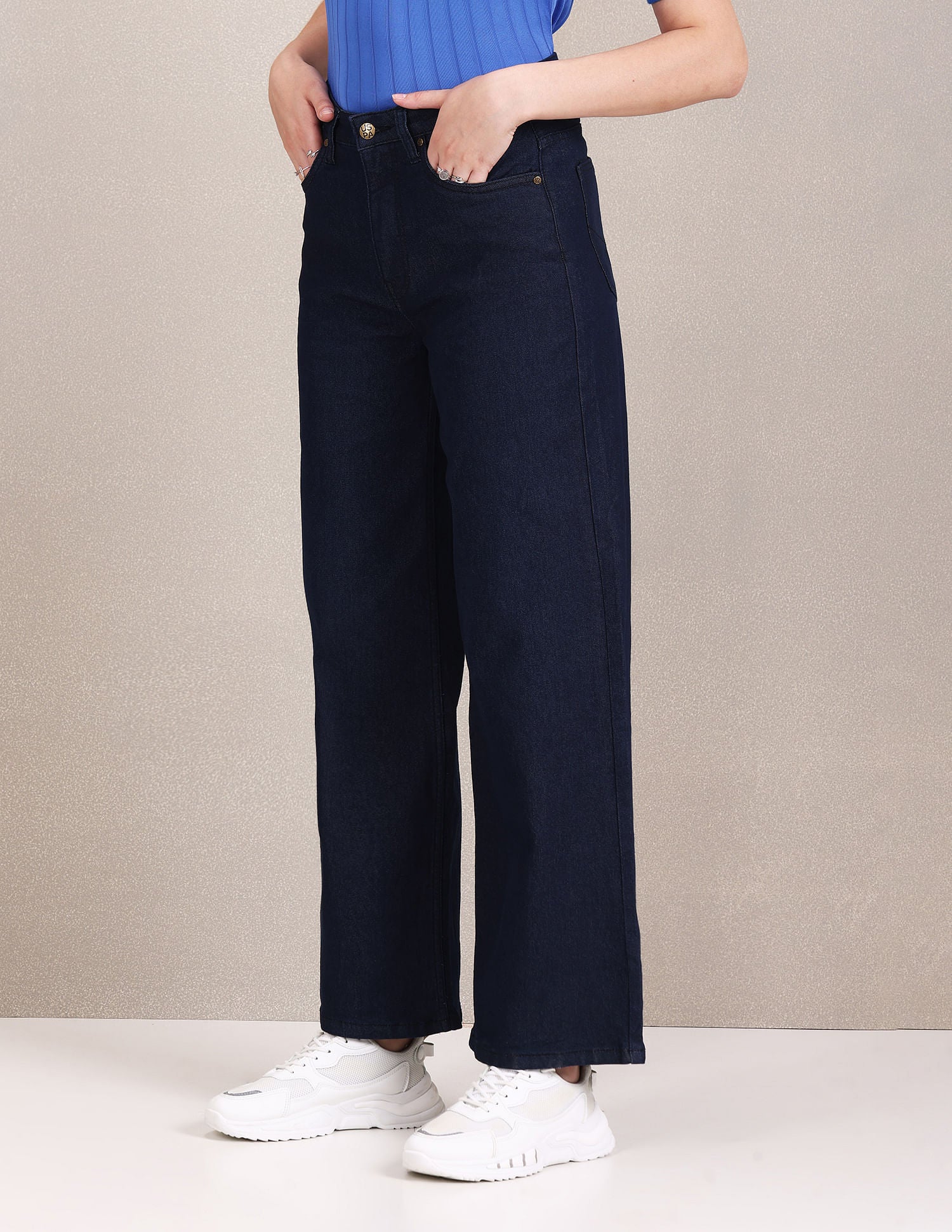 High Rise Rinsed Wide Leg Jeans Blue - U.S. POLO ASSN. | Large