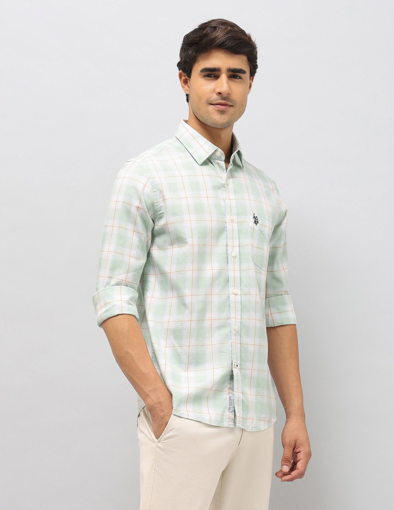 Plaid Checked Pure Cotton Shirt Light Green - U.S. Polo Assn. India | Large