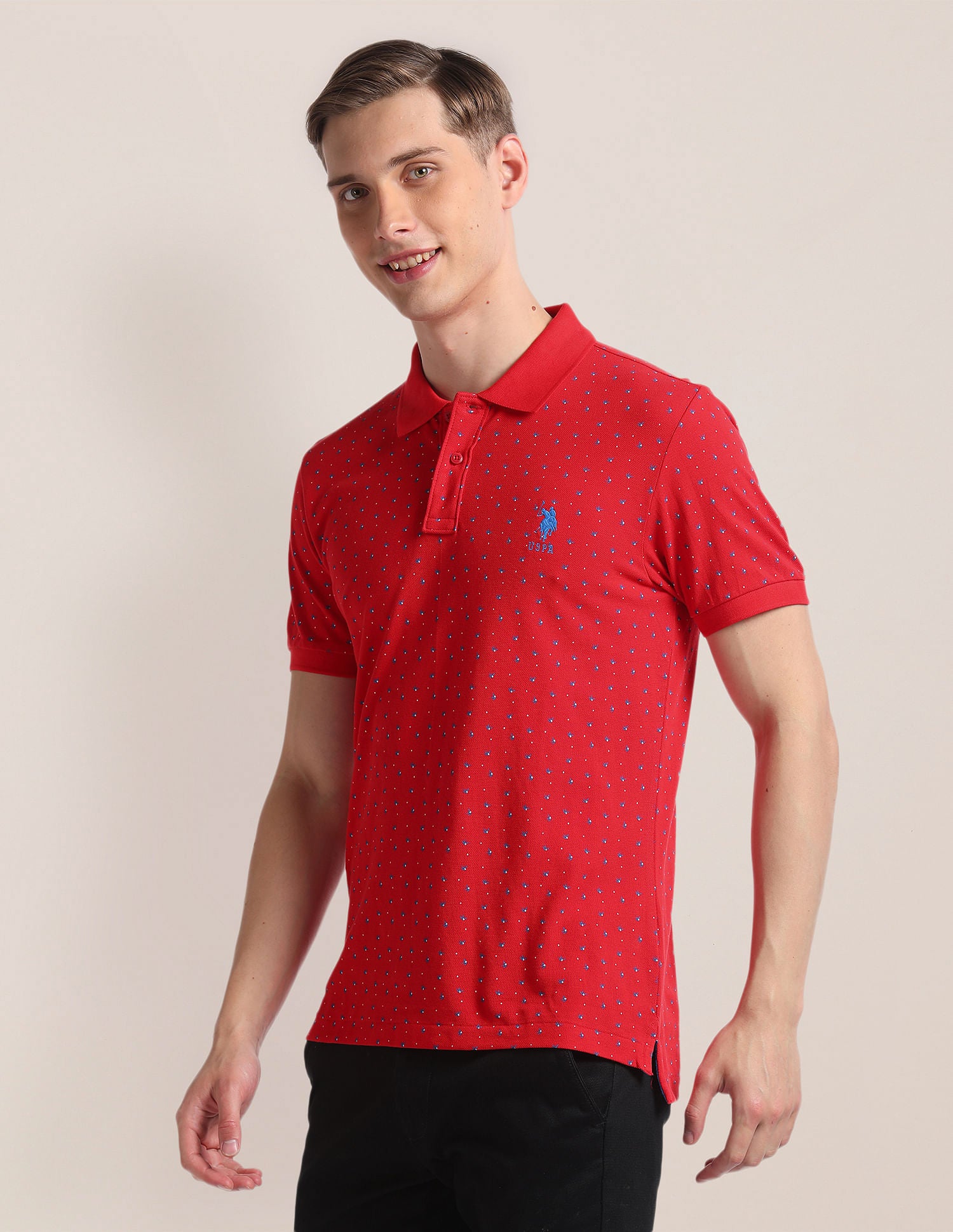 Graphic Print Ribbed Collar Polo Shirt Red - U.S. Polo Assn. India | Large