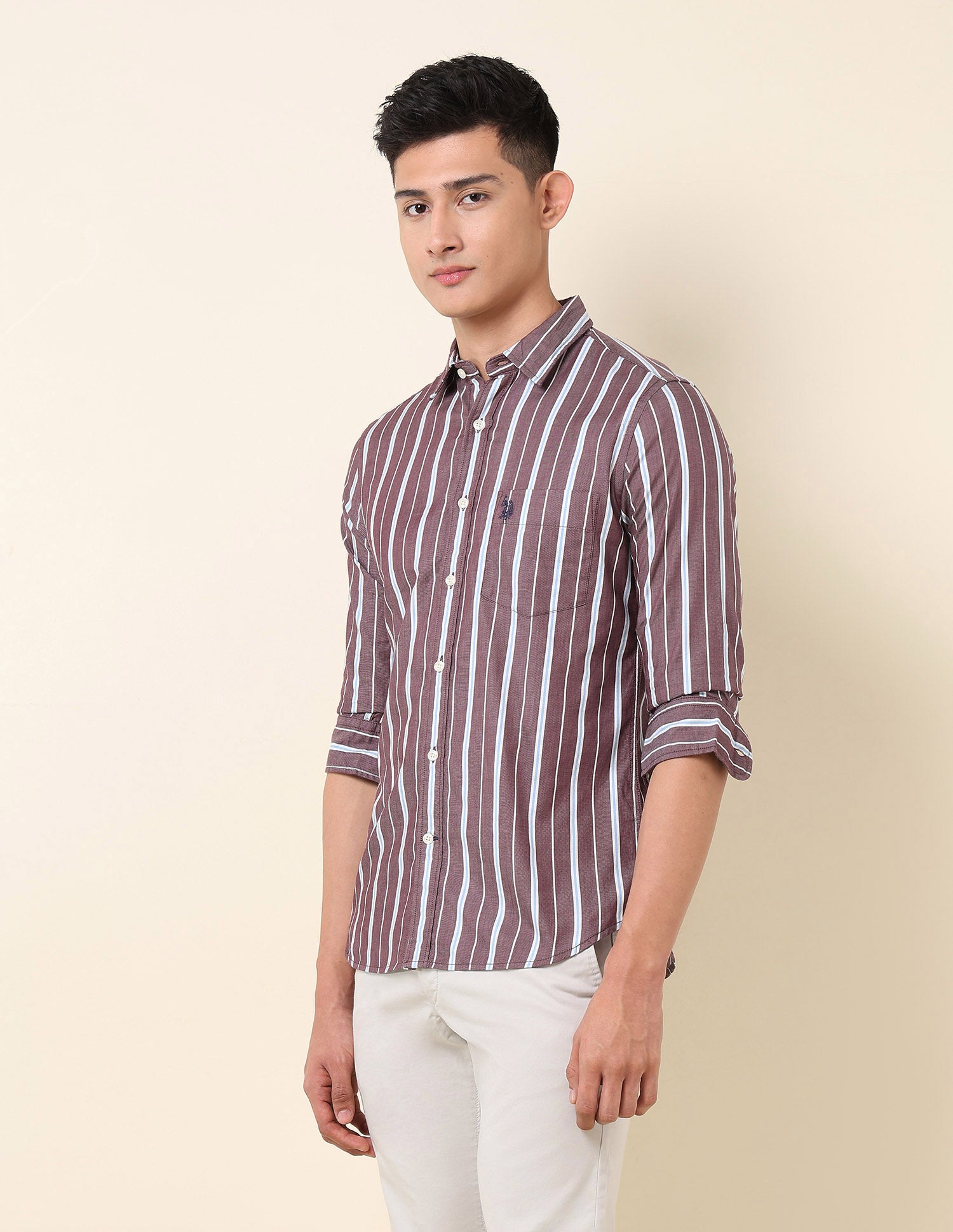 Pure Cotton Vertical Striped Shirt Choco - U.S. Polo Assn. India | Large