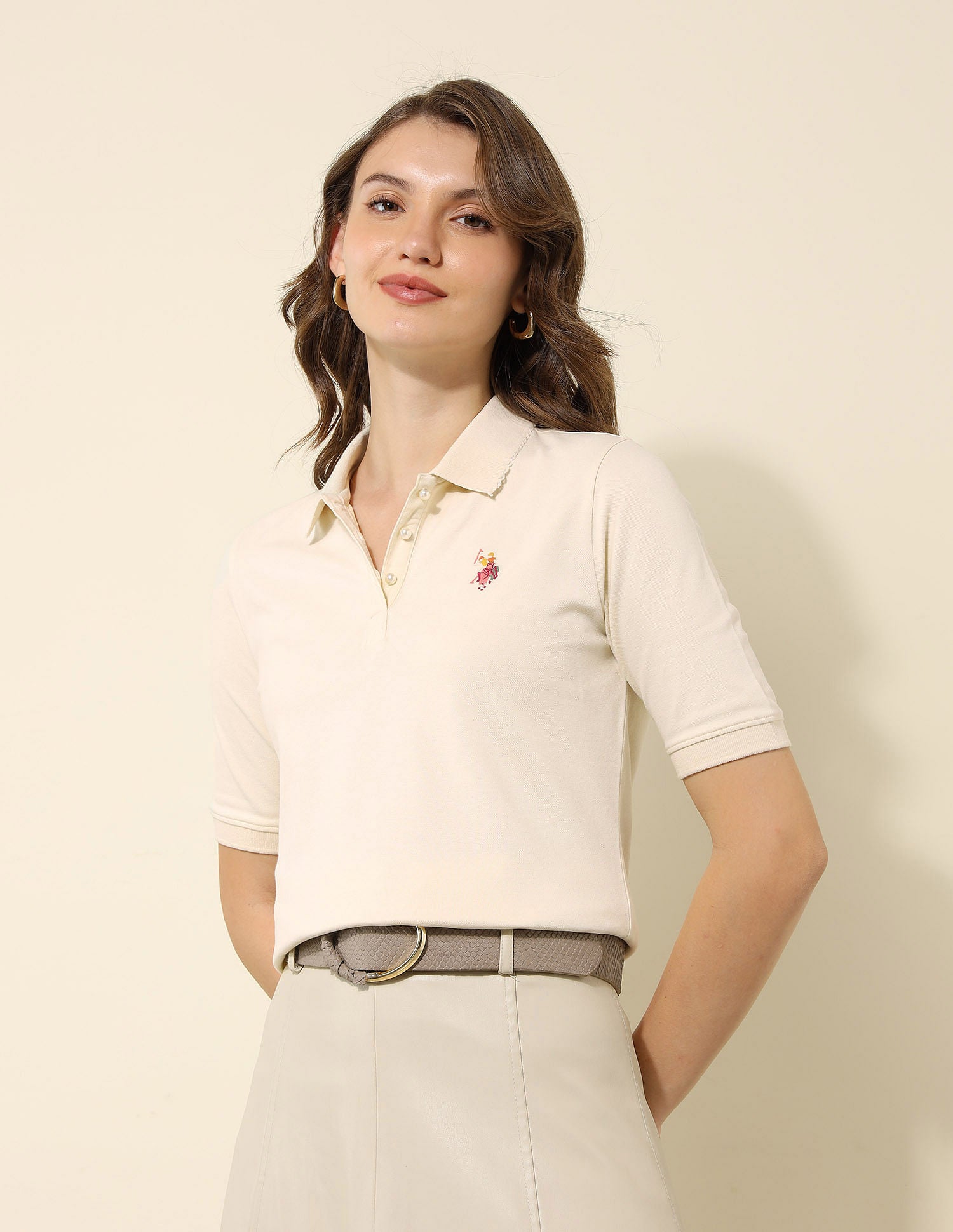 Boxy Fit Solid Polo Shirt Ecru - U.S. Polo Assn. India | Large