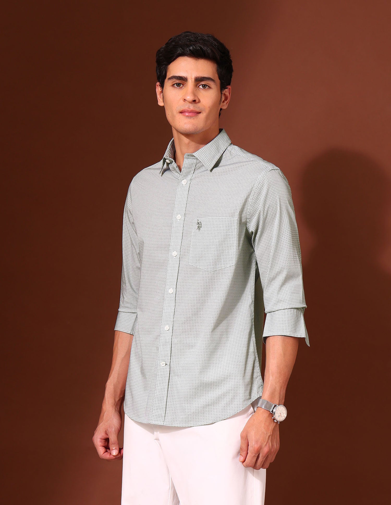 Geometric Printed Tailored Fit Shirt Green - U.S. Polo Assn. India | Large