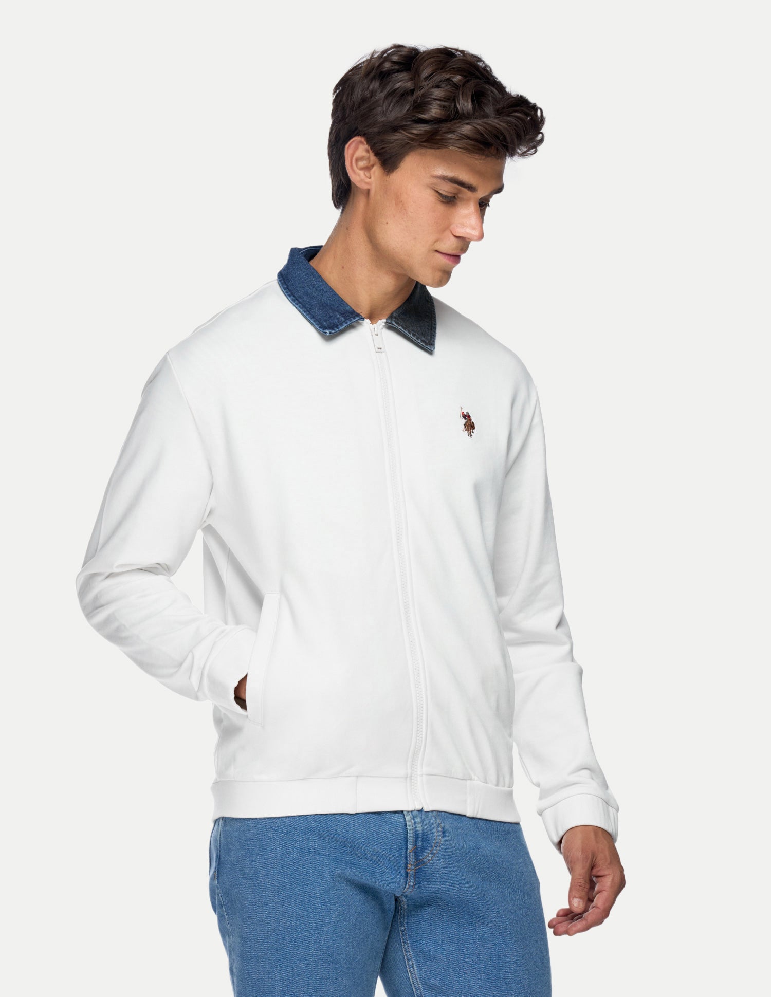 Solid Regular Fit Zipper Sweatshirt Ivory - U.S. Polo Assn. India | Large