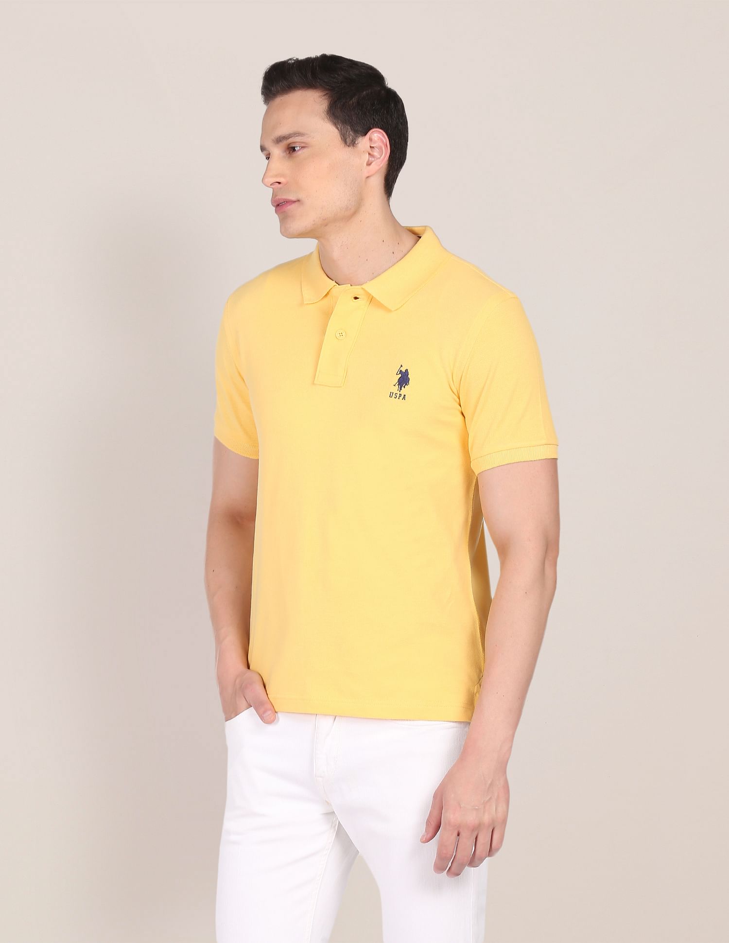 Ribbed Collar Solid Polo Shirt Yellow - U.S. POLO ASSN. | Large
