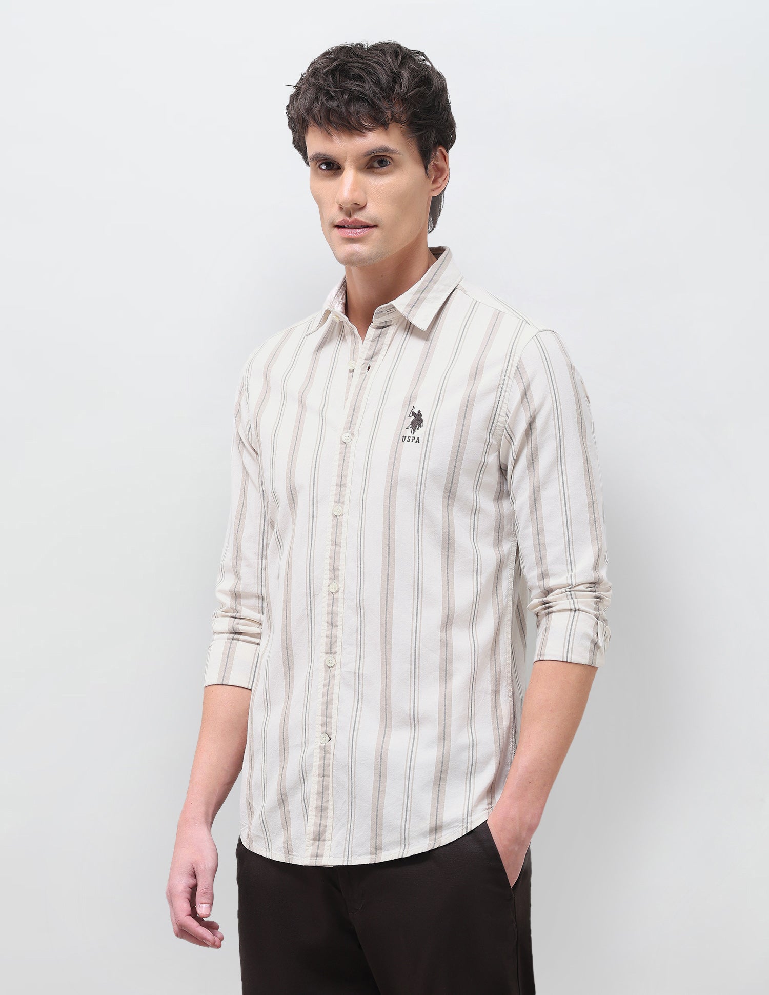 Vertical Striped Regular Fit Shirt Beige - U.S. Polo Assn. India | Large