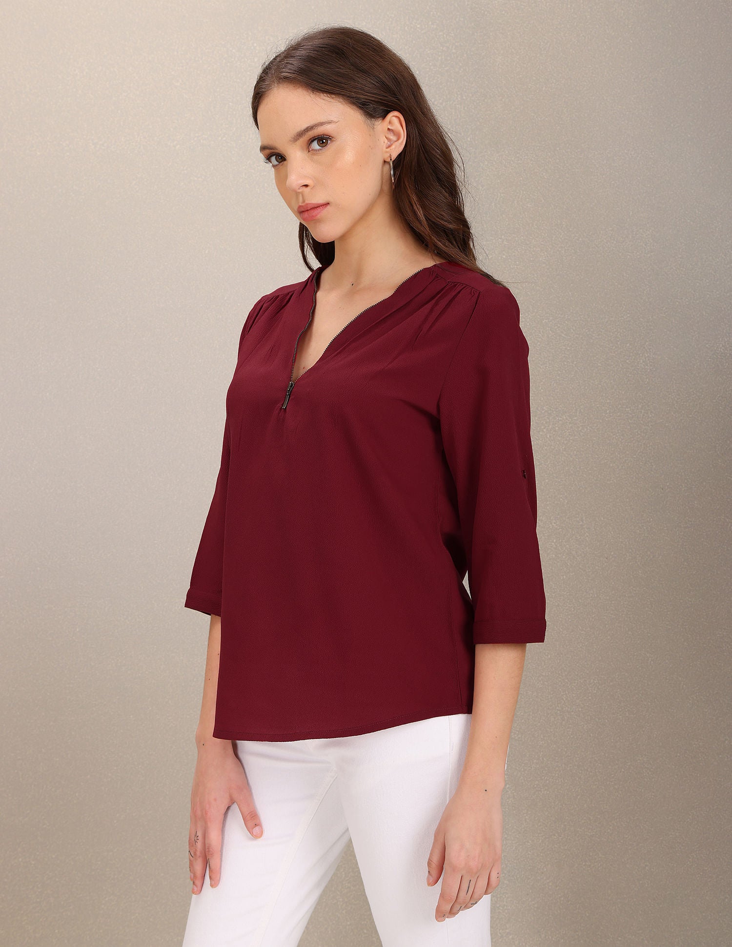 Three Quarter Sleeve Solid Top Maroon - U.S. Polo Assn. India | Large
