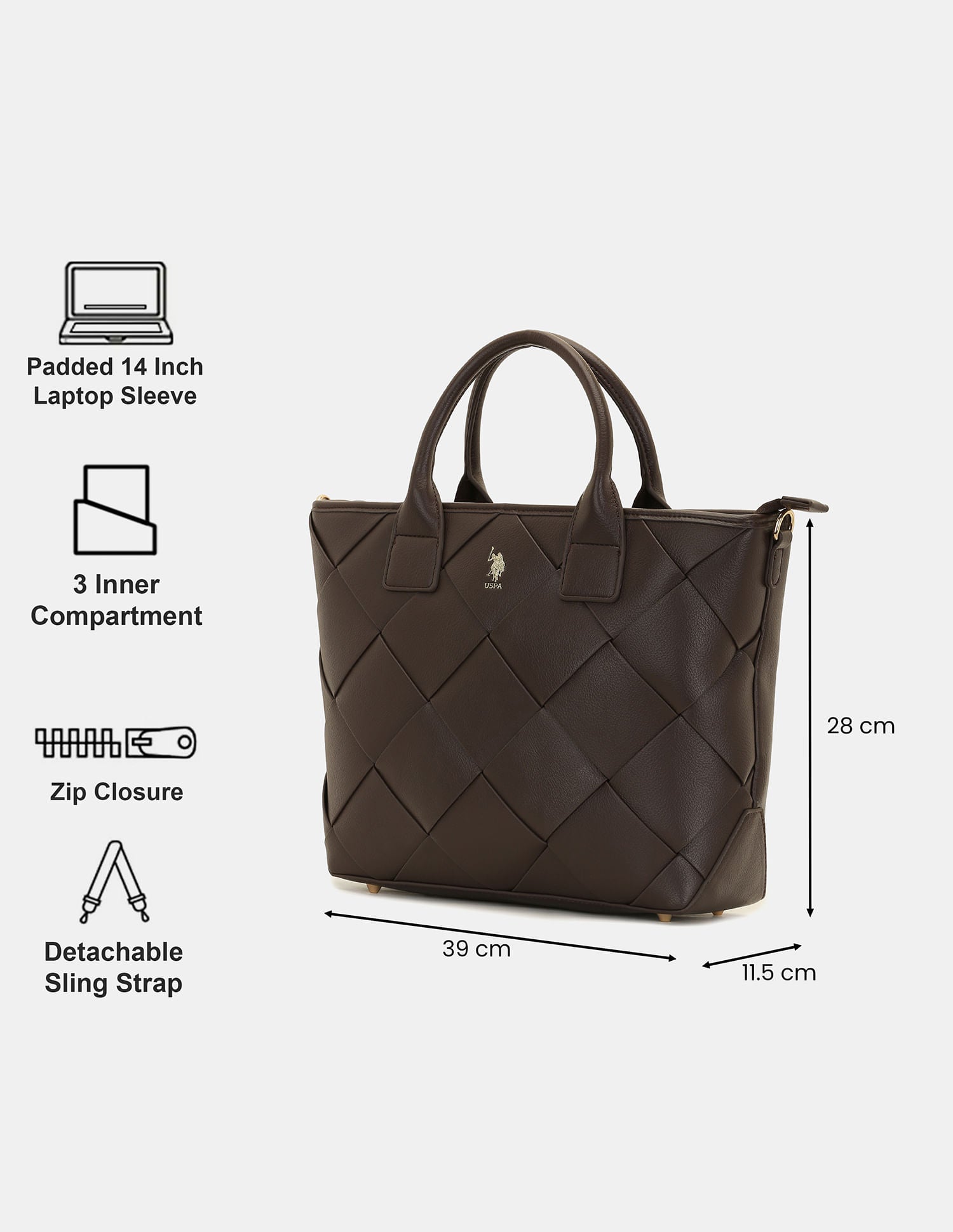 Women Bayla Textured Tote Bag with Detachable Sling Brown - U.S. POLO ASSN. | Large