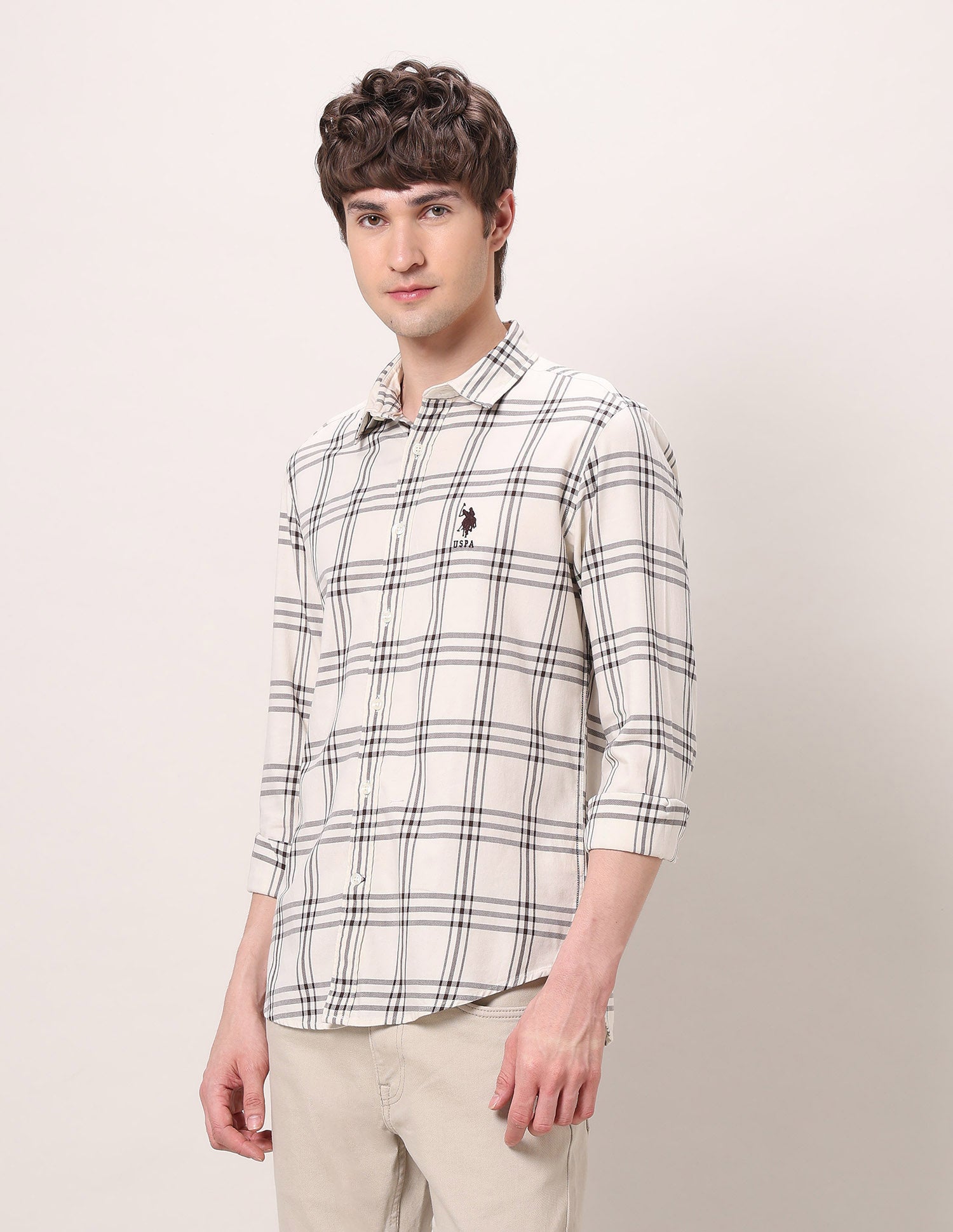Grid Tattersall Checked Pure Cotton Shirt Ivory - U.S. POLO ASSN. | Large