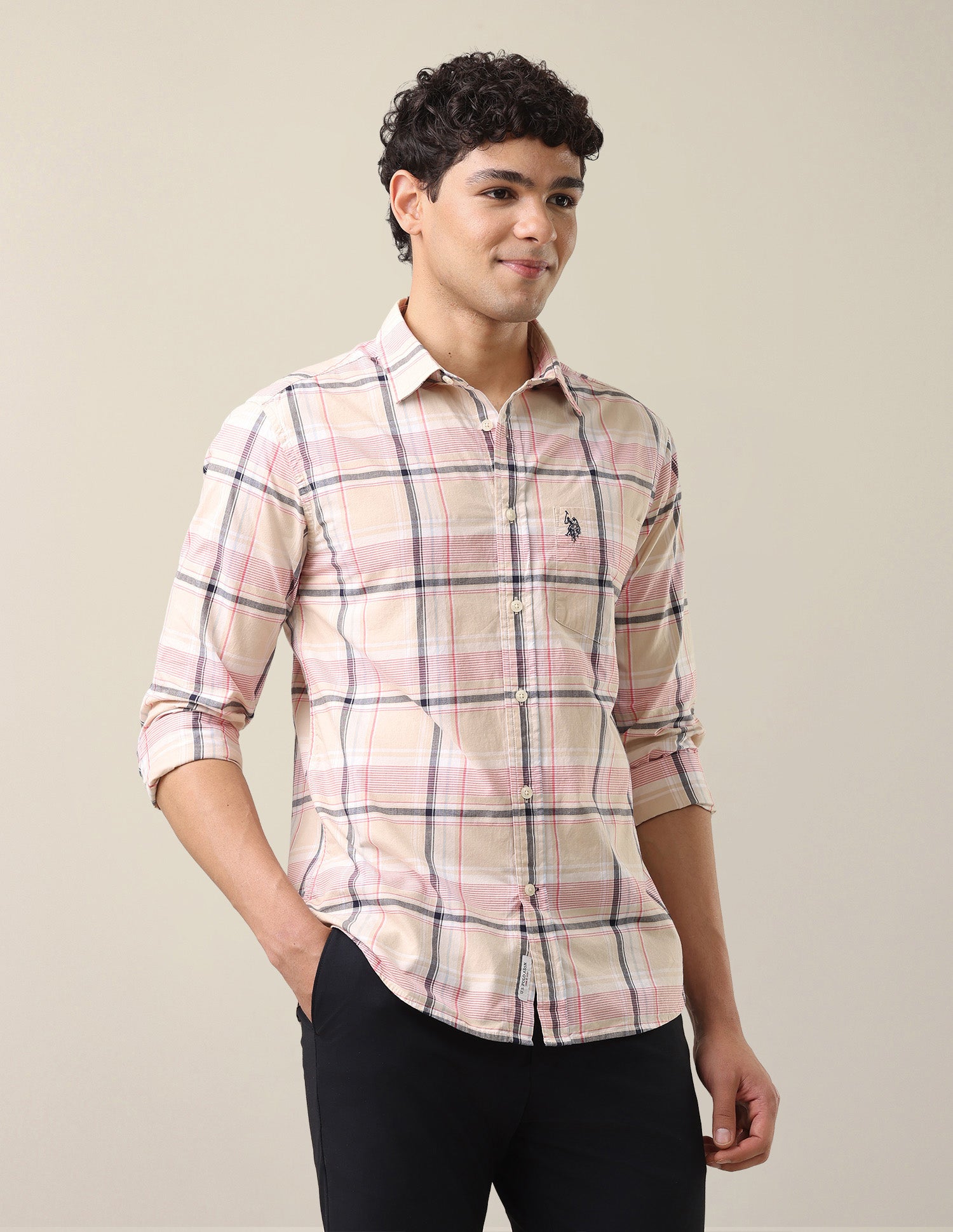 Plaid Checked Tailored Fit Shirt Beige - U.S. Polo Assn. India | Large