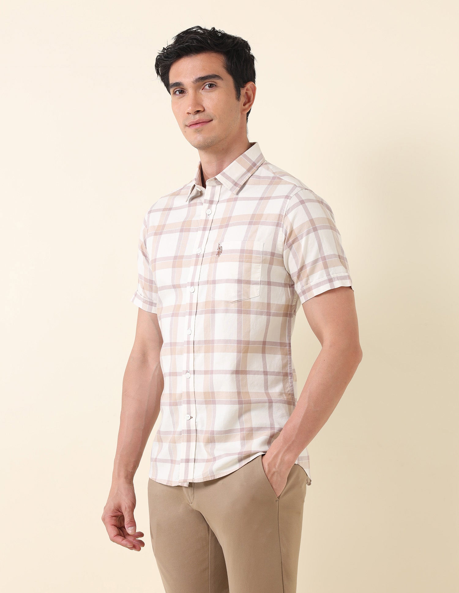 Grid Tattersall Checked Tailored Fit Shirt Ecru - U.S. Polo Assn. India | Large