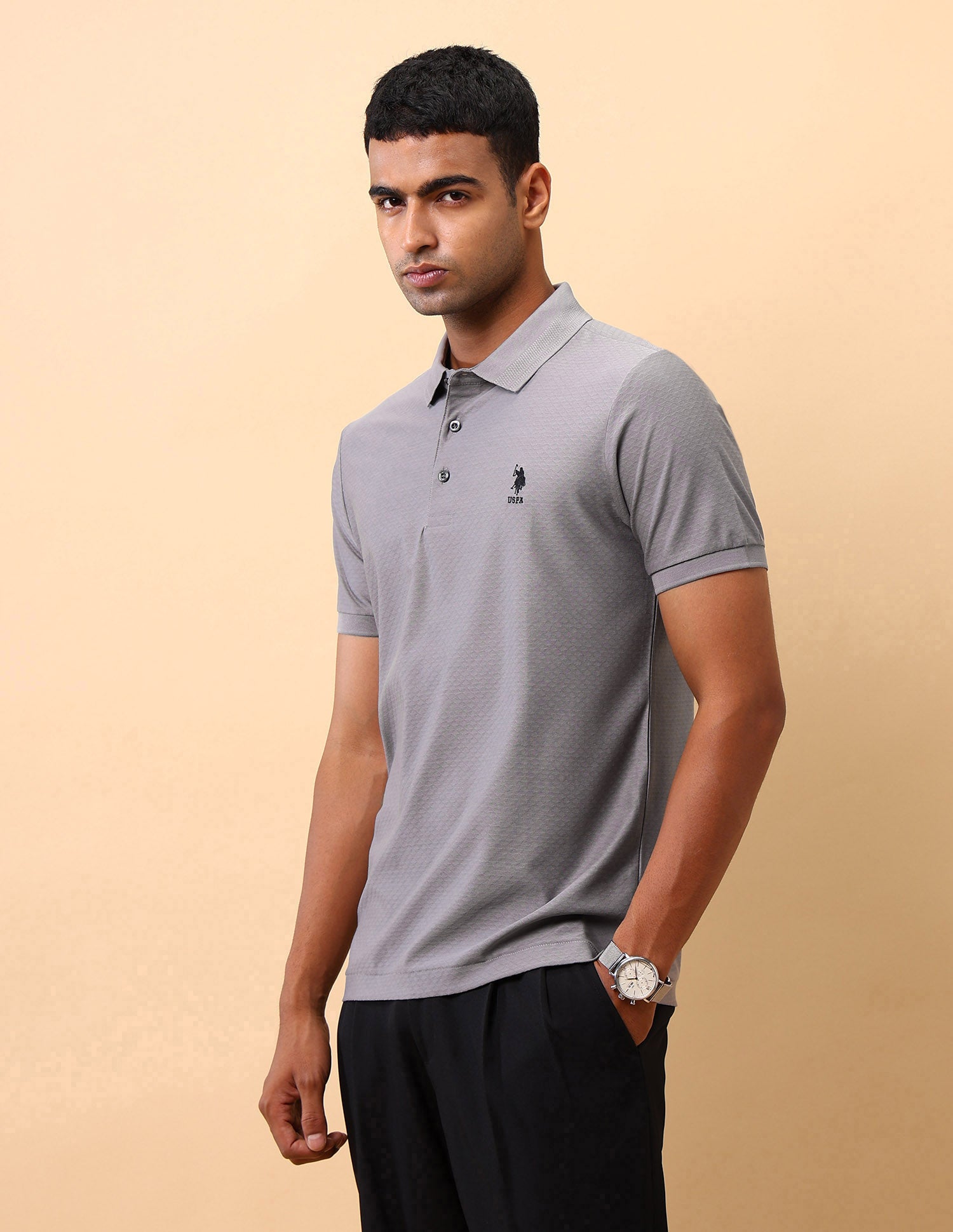Textured Pure Cotton Polo Shirt Grey - U.S. POLO ASSN. | Large