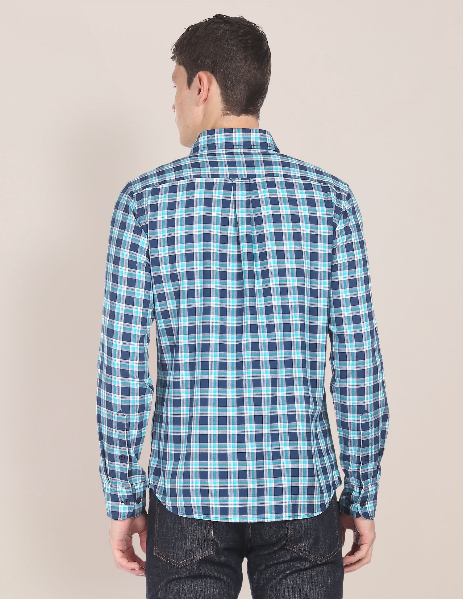 Men Navy And Aqua Spread Collar Check Casual Shirt Navy and Aqua - U.S. Polo Assn. India | Large