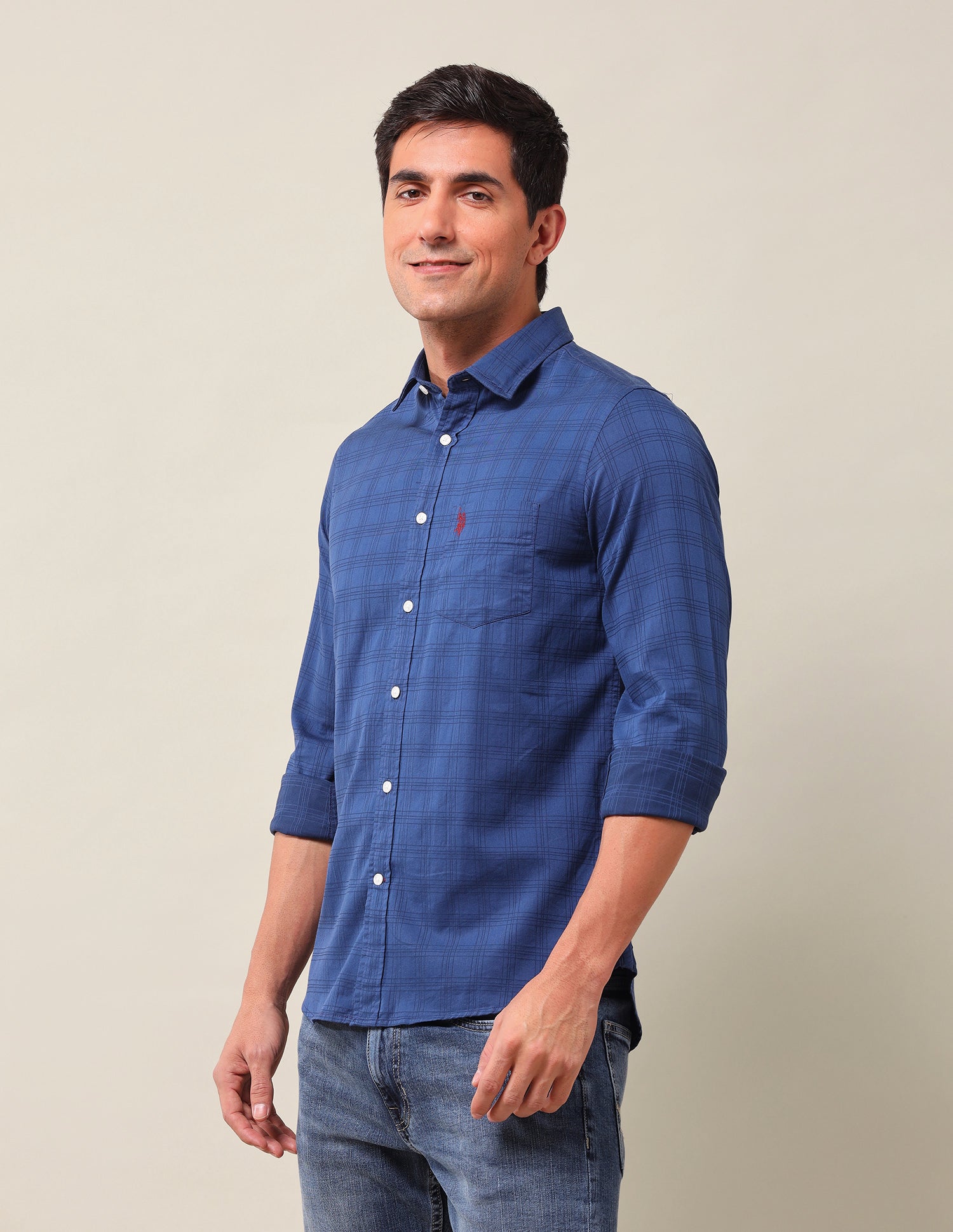 Tailored Fit Windowpane Checked Shirt Blue - U.S. Polo Assn. India | Large