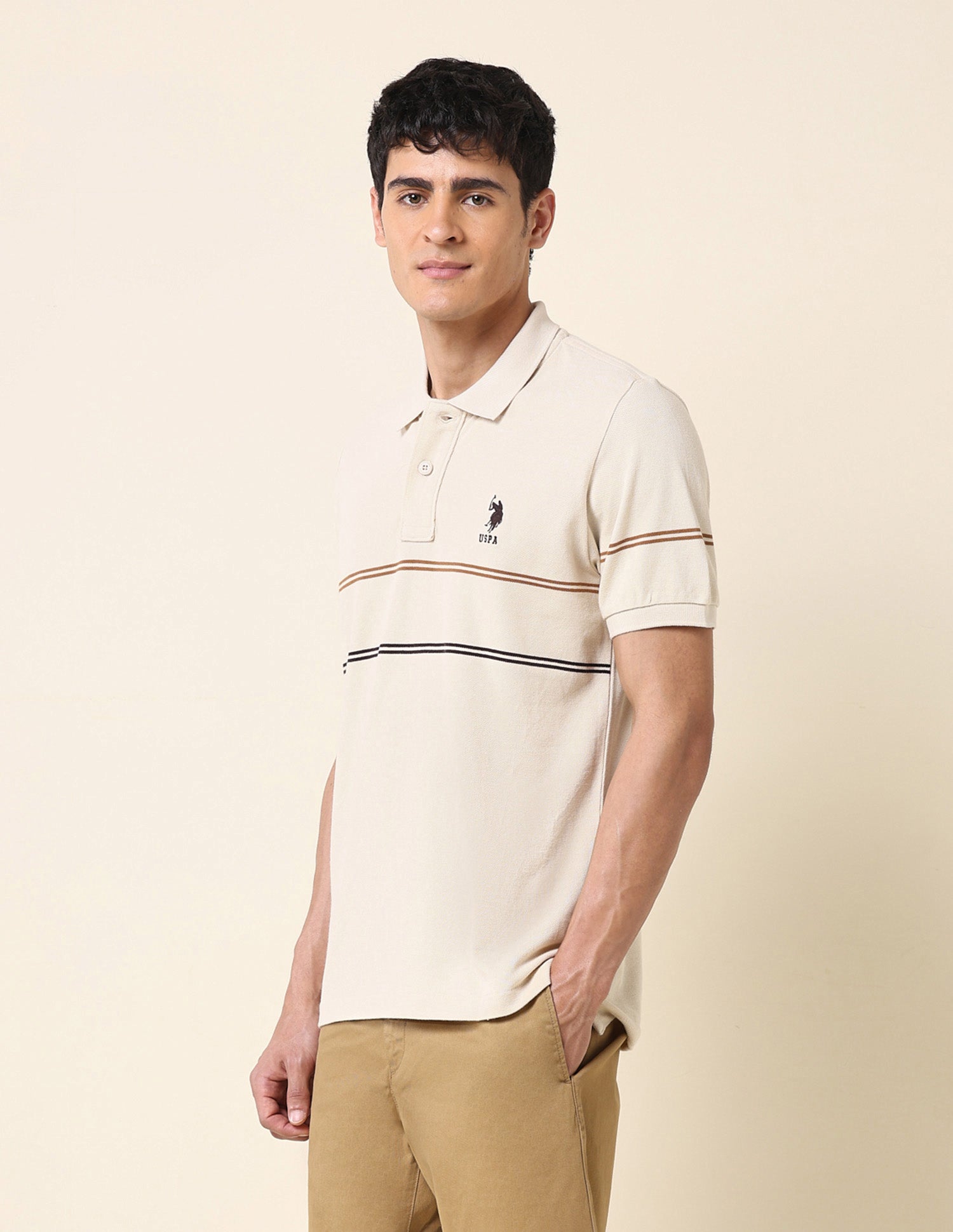 Horizontal Striped Classic Polo Shirt Beige - U.S. Polo Assn. India | Large