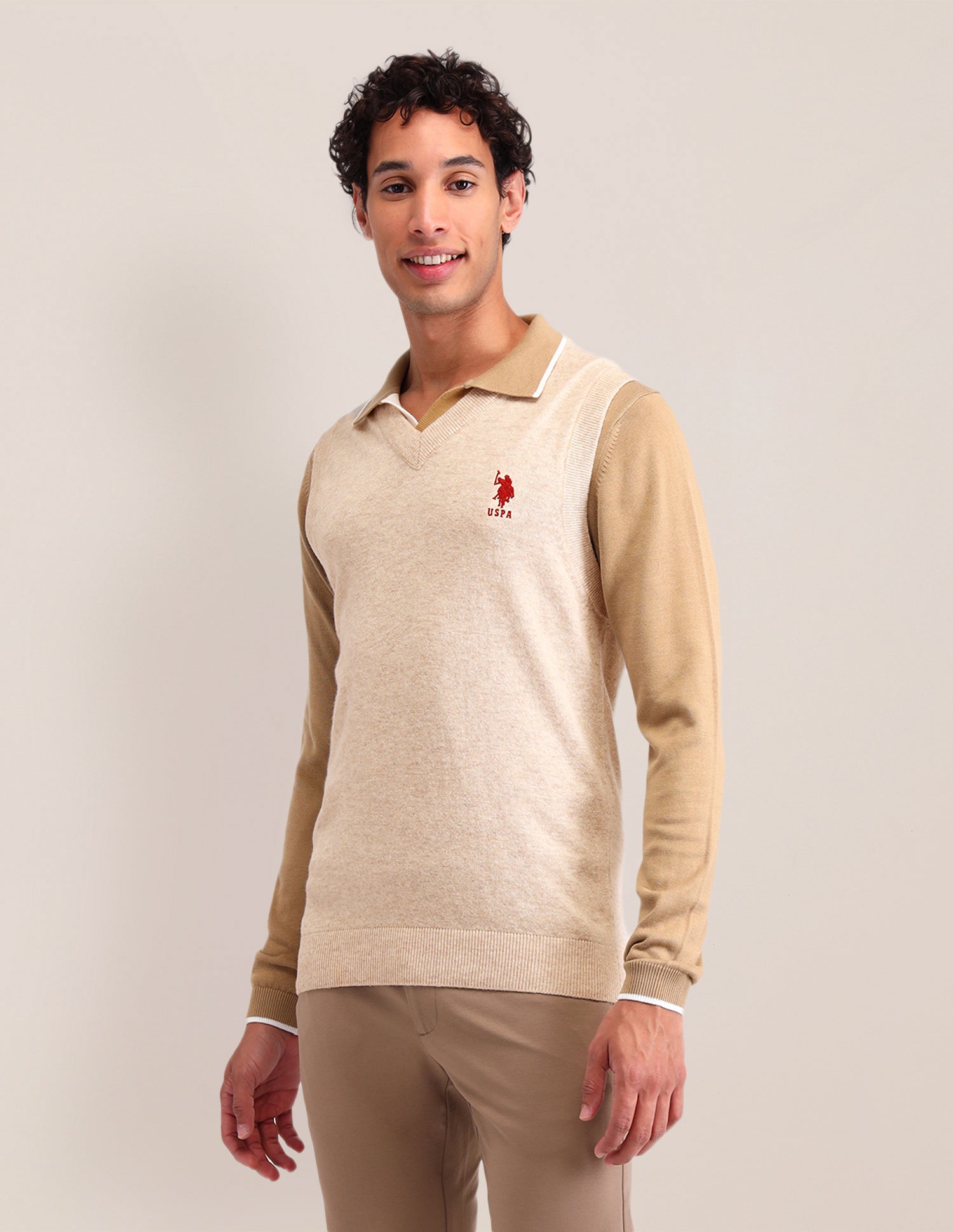 Textured Regular Fit Sweater Beige - U.S. Polo Assn. India | Large