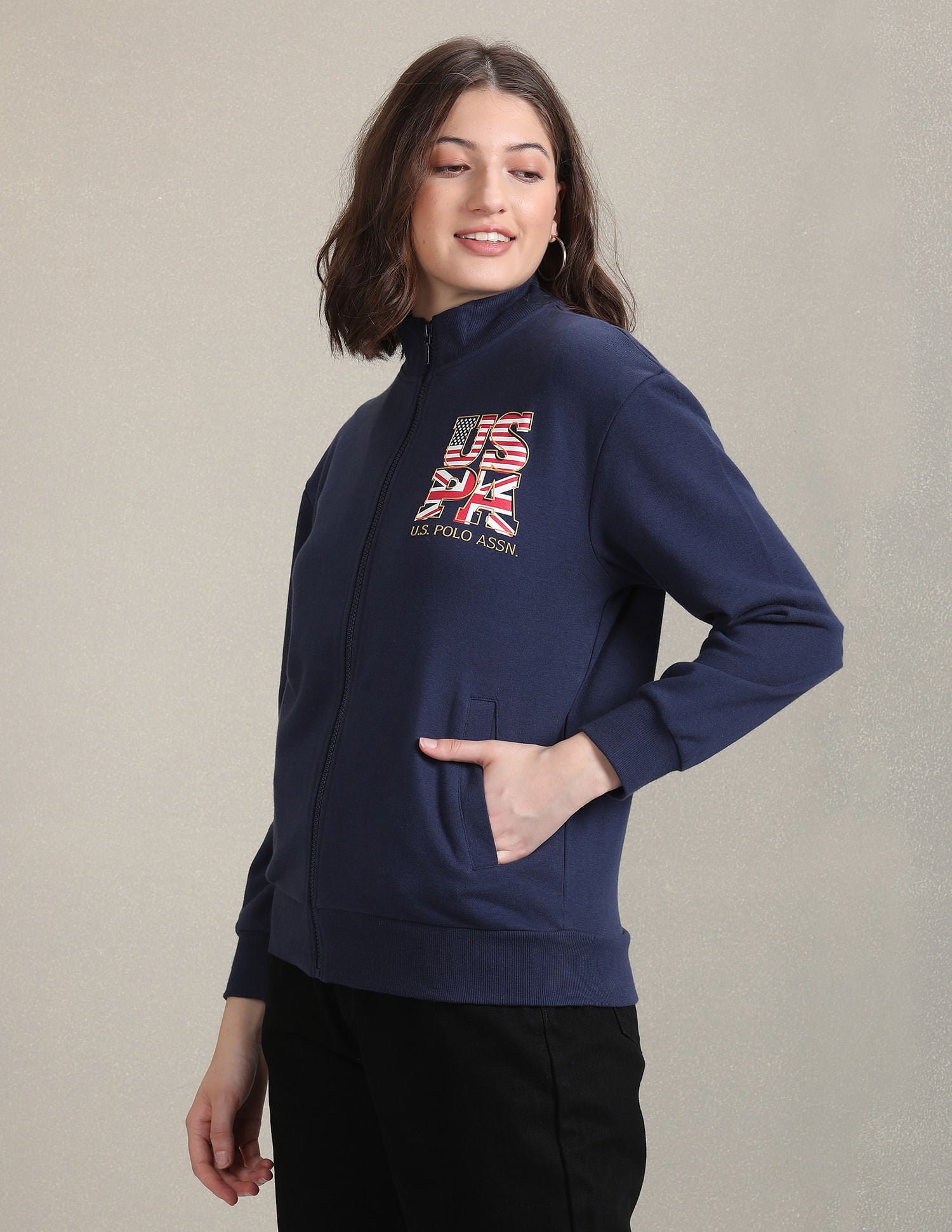 Stand Neck Logo Print Jacket Navy - U.S. Polo Assn. India | Large