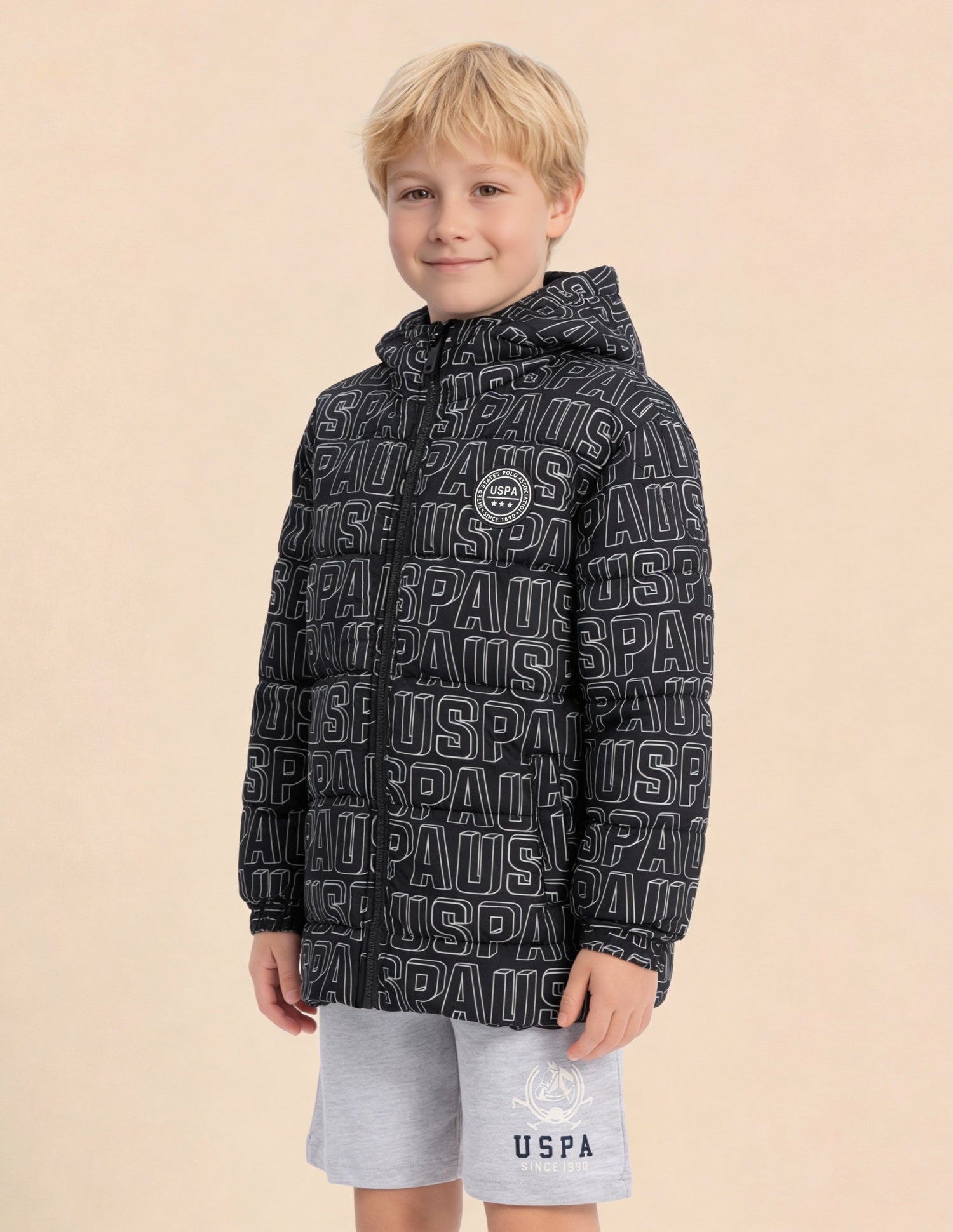 Boys Brand Printed Puffer Jacket Jet Black - U.S. Polo Assn. India | Large