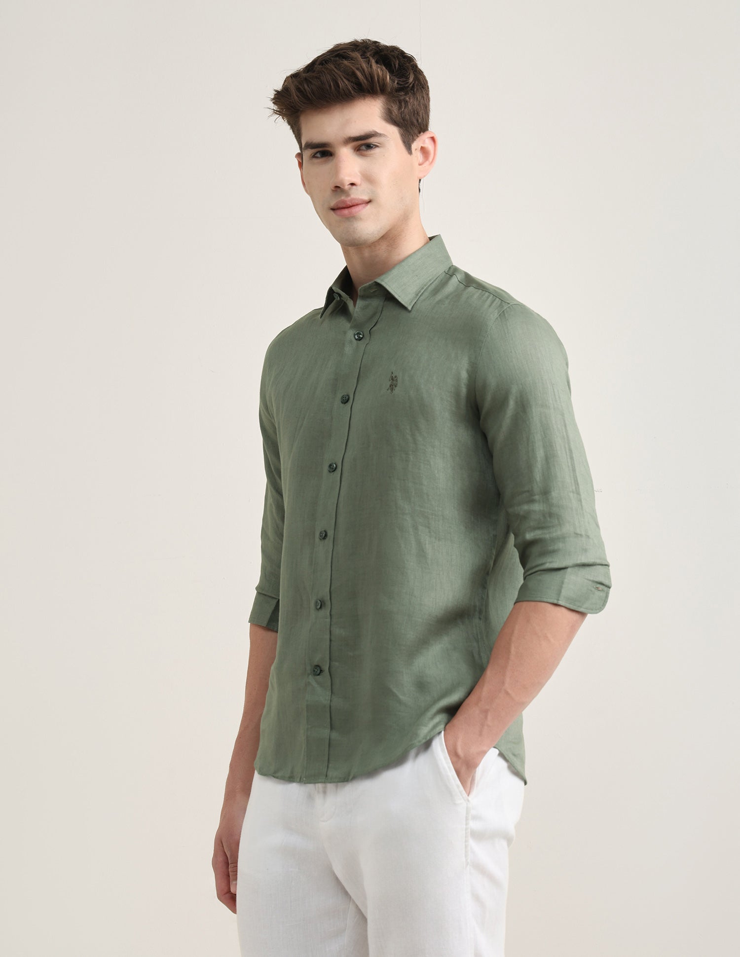 Solid Regular Fit Shirt Light Olive - U.S. Polo Assn. India | Large