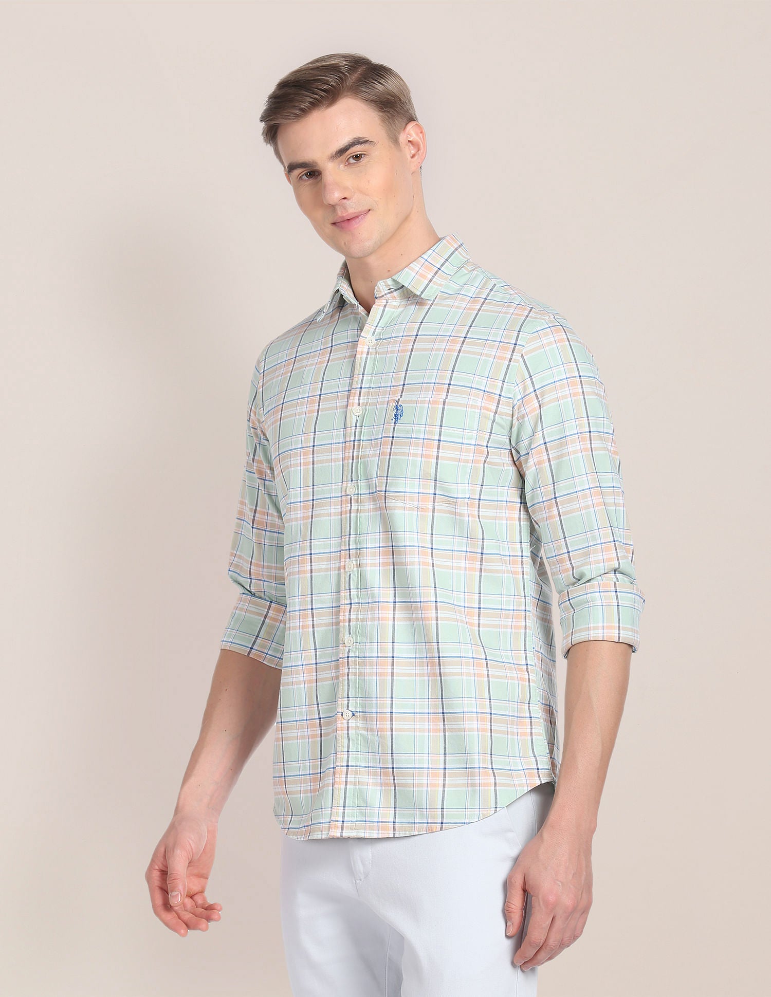 Plaid Check Cotton Shirt Light Green - U.S. Polo Assn. India | Large