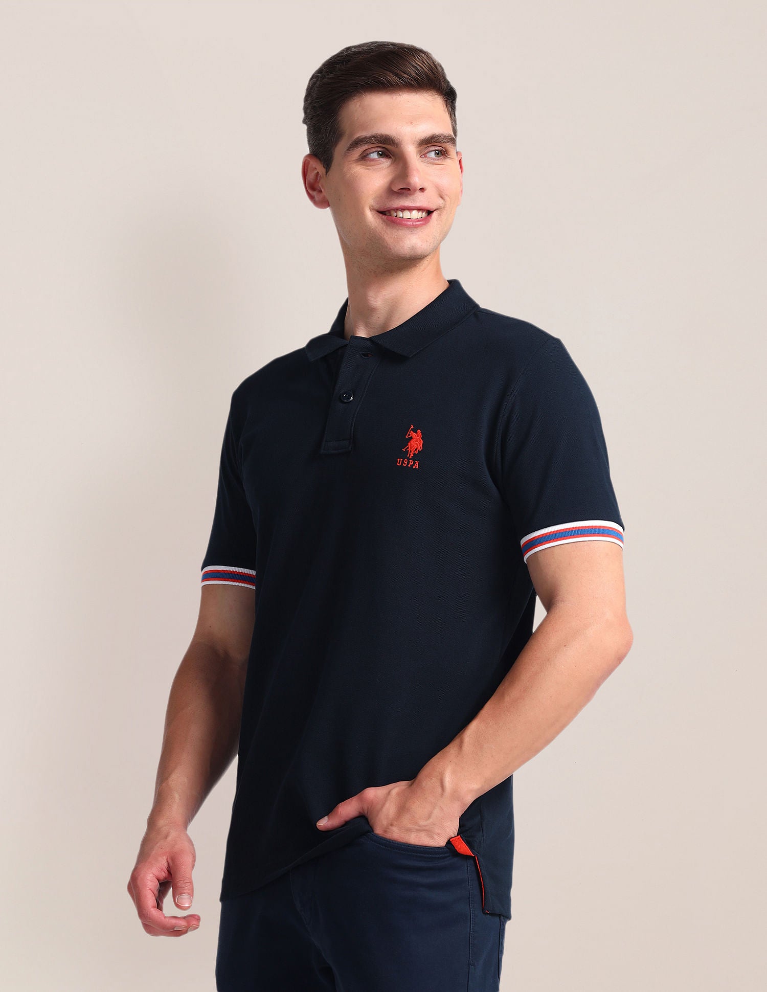 Tipped Sleeve Hem Slim Polo Shirt Navy - U.S. Polo Assn. India | Large