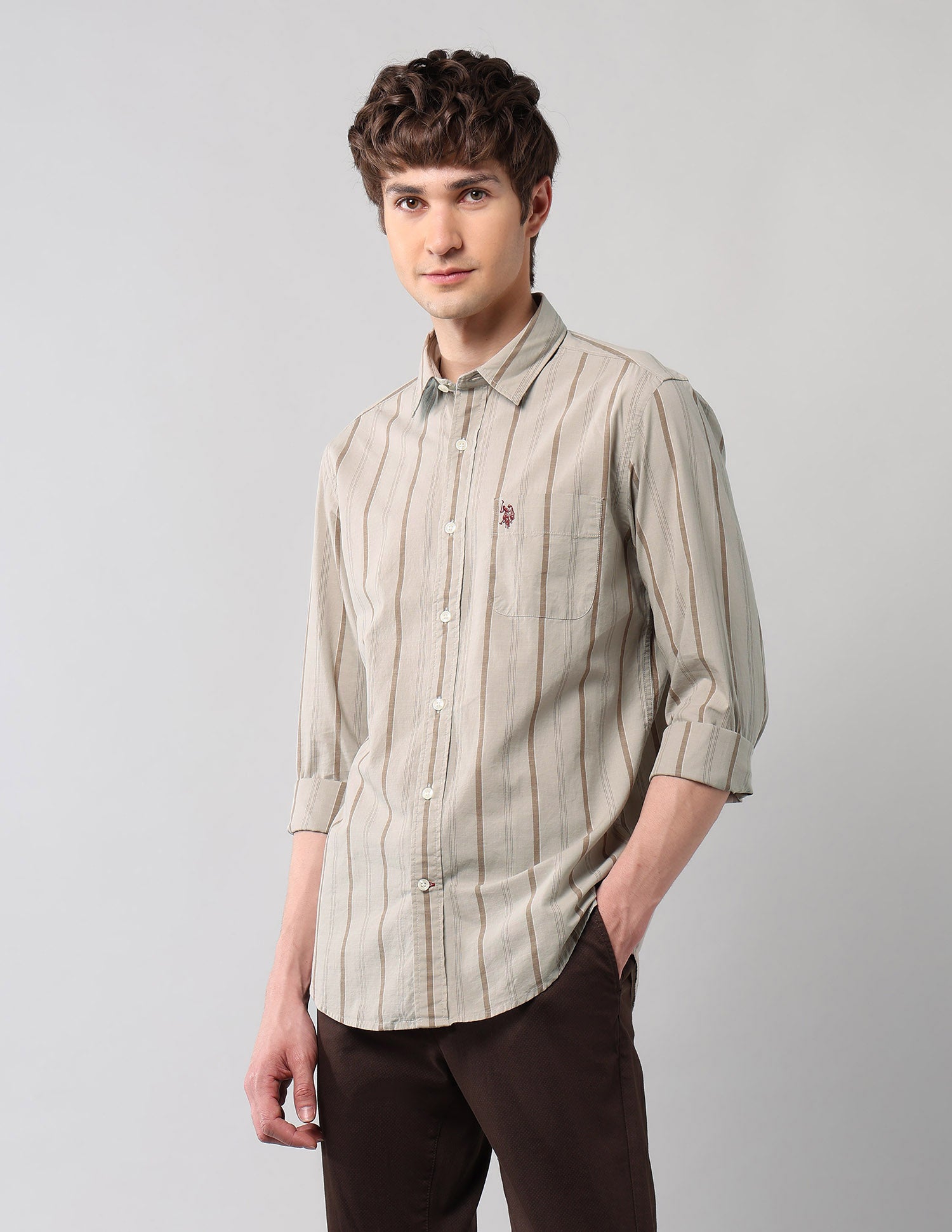 Vertical Striped Regular Fit Shirt Khaki - U.S. Polo Assn. India | Large