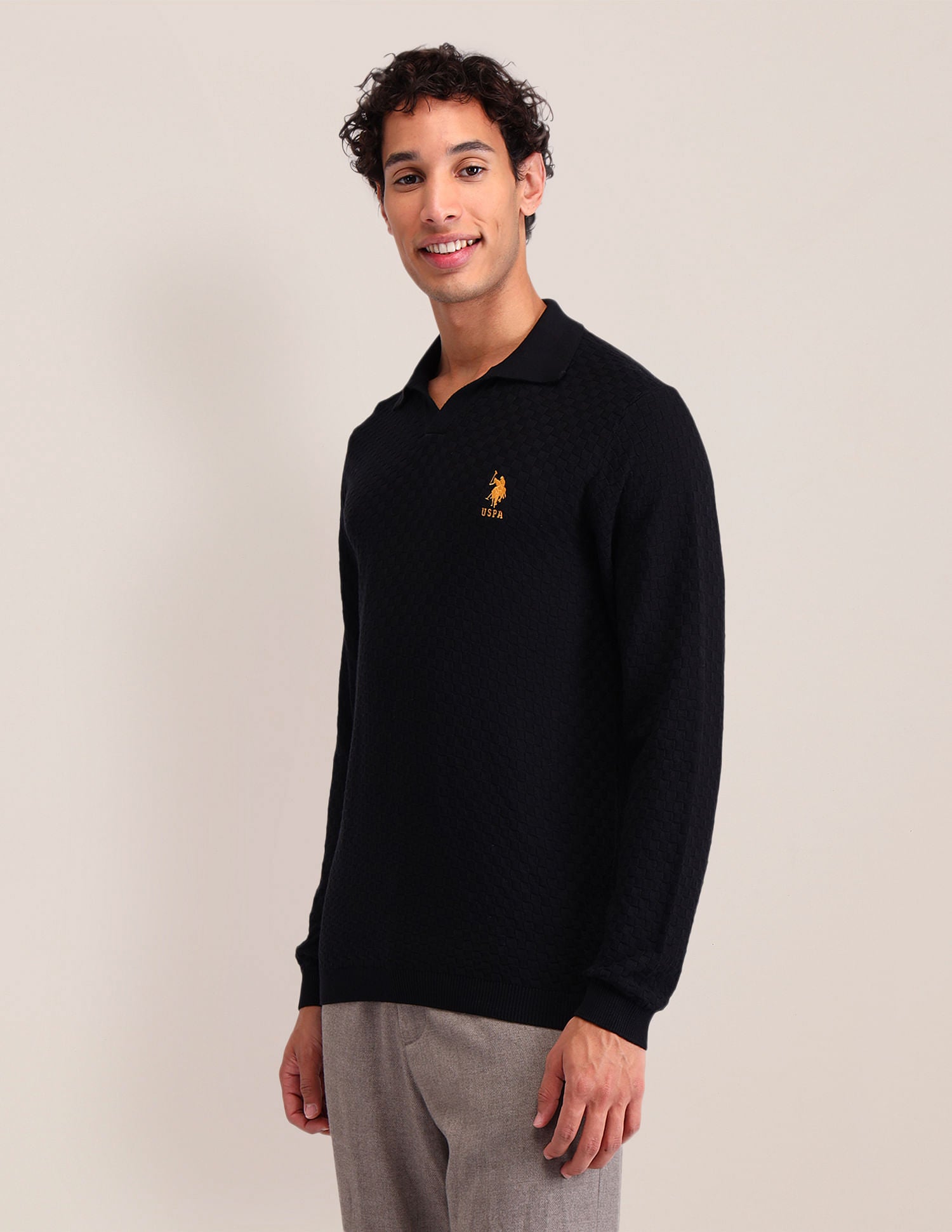 Textured Regular Fit Sweater Black - U.S. Polo Assn. India | Large
